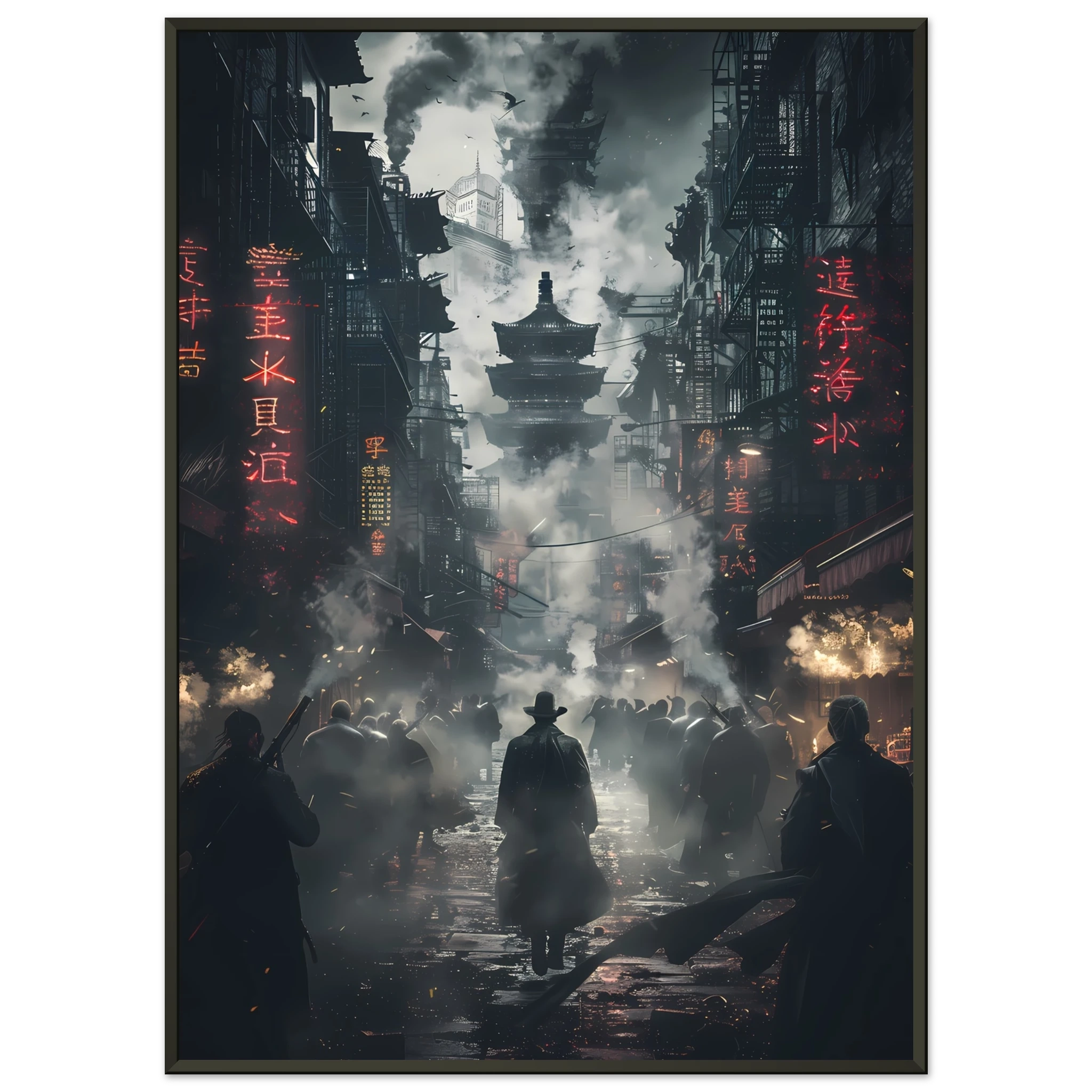 Dark cyberpunk alley glowing with neon signs and steam — moody futuristic city wall art.