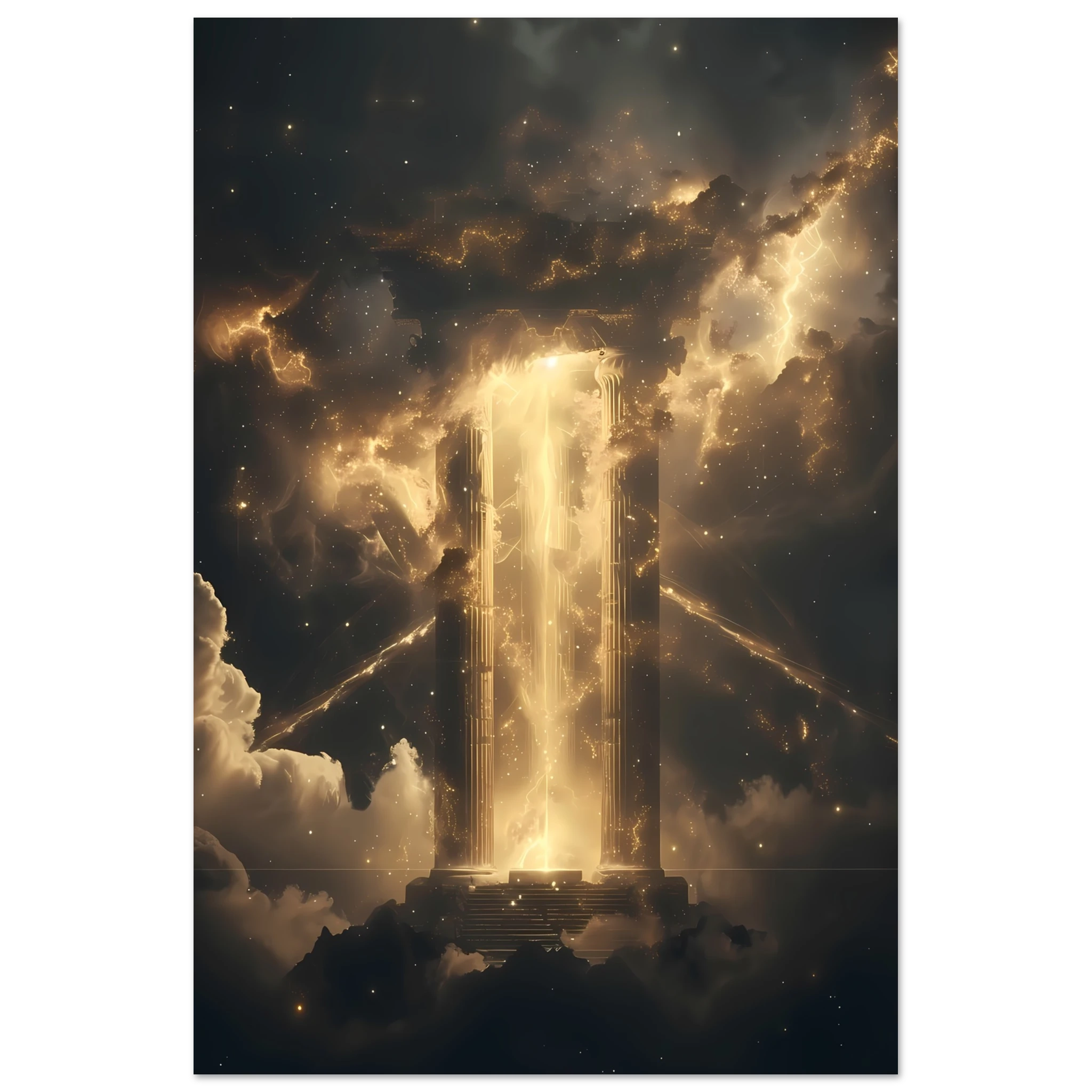 Glowing nebula temple with starlight beams through ancient pillars — cinematic cosmic wall print.