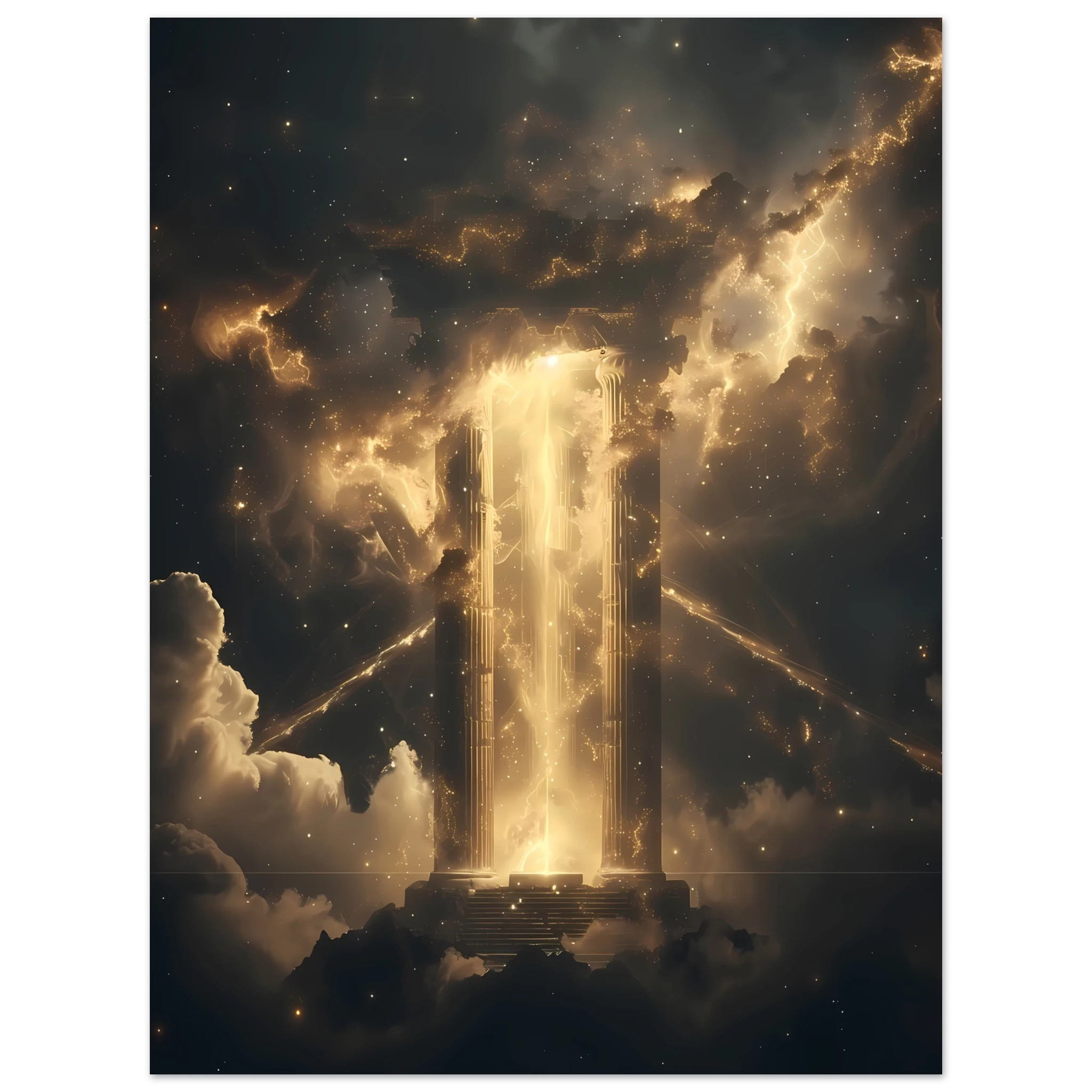 Glowing nebula temple with starlight beams through ancient pillars — cinematic cosmic wall print.