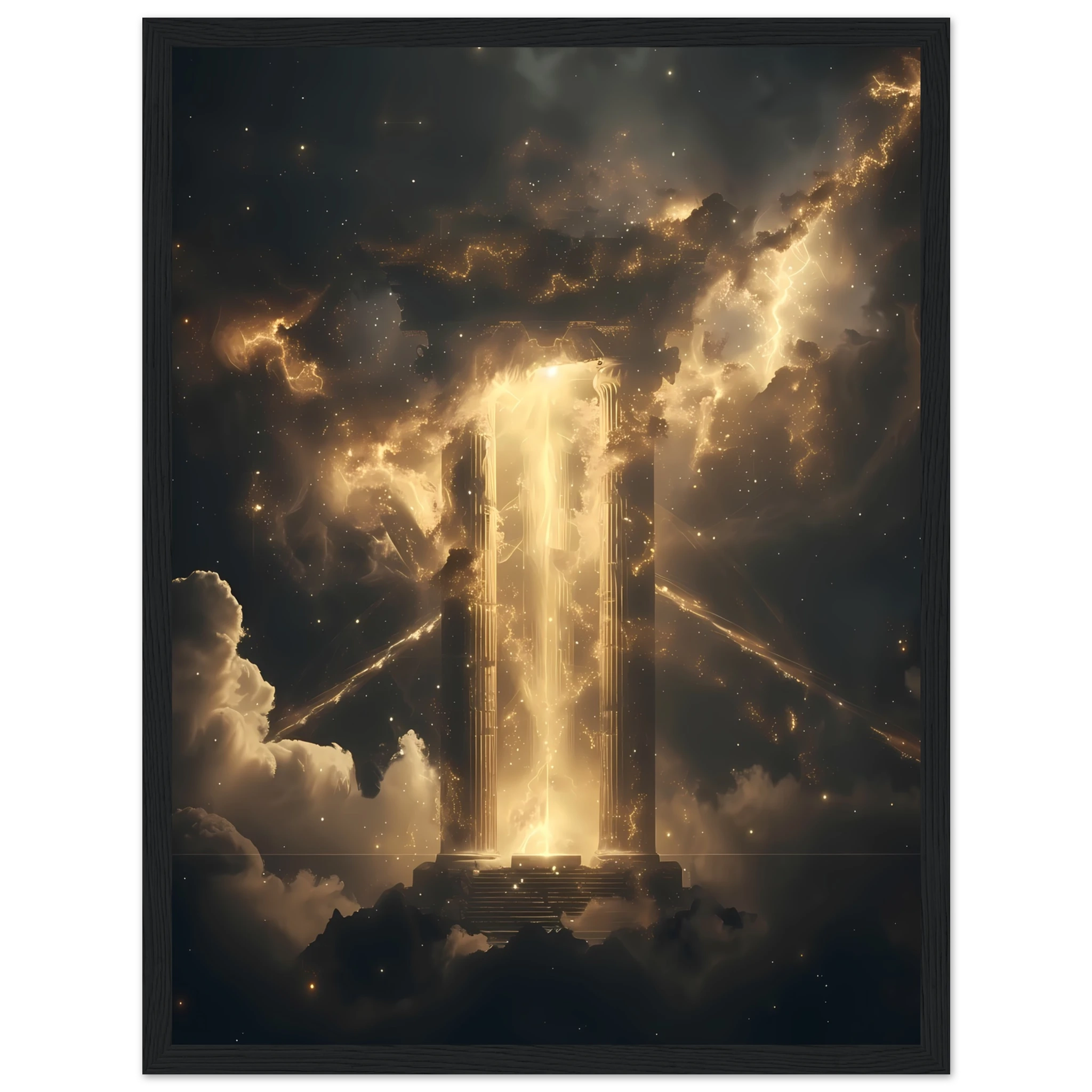 Glowing nebula temple with starlight beams through ancient pillars — cinematic cosmic wall print.