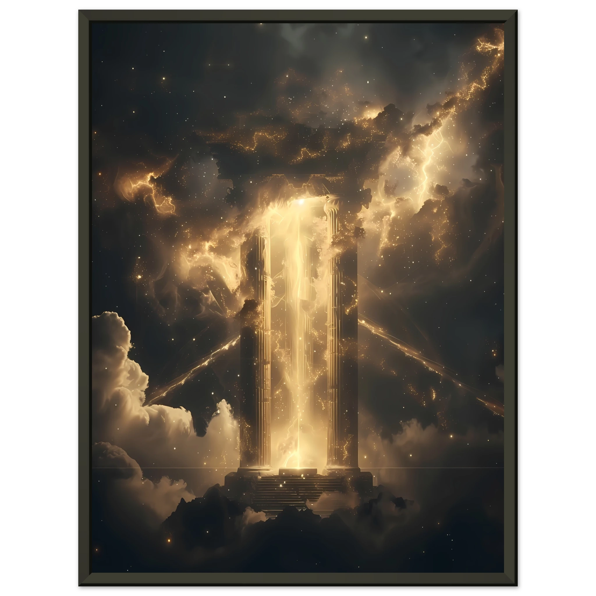 Glowing nebula temple with starlight beams through ancient pillars — cinematic cosmic wall print.