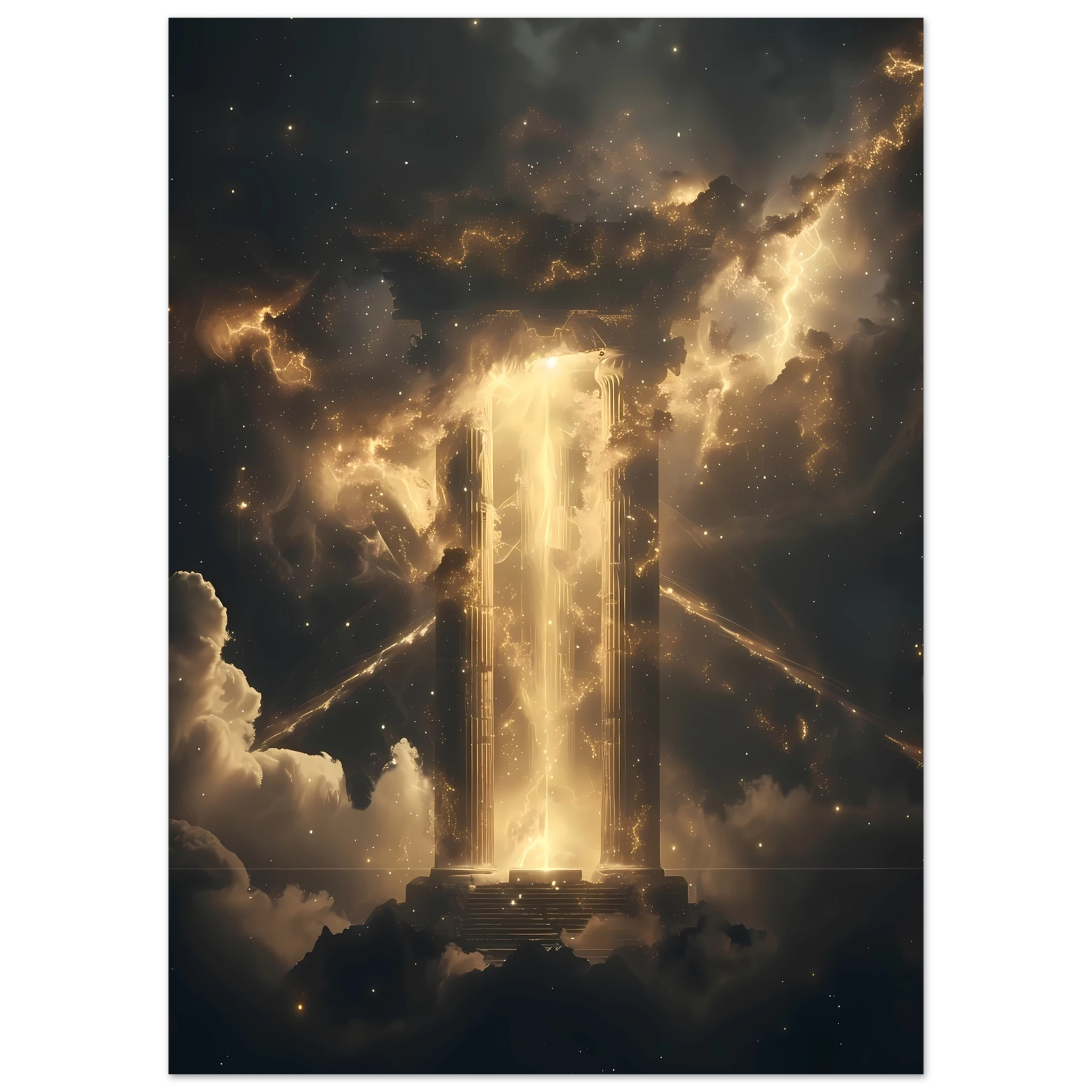 Glowing nebula temple with starlight beams through ancient pillars — cinematic cosmic wall print.