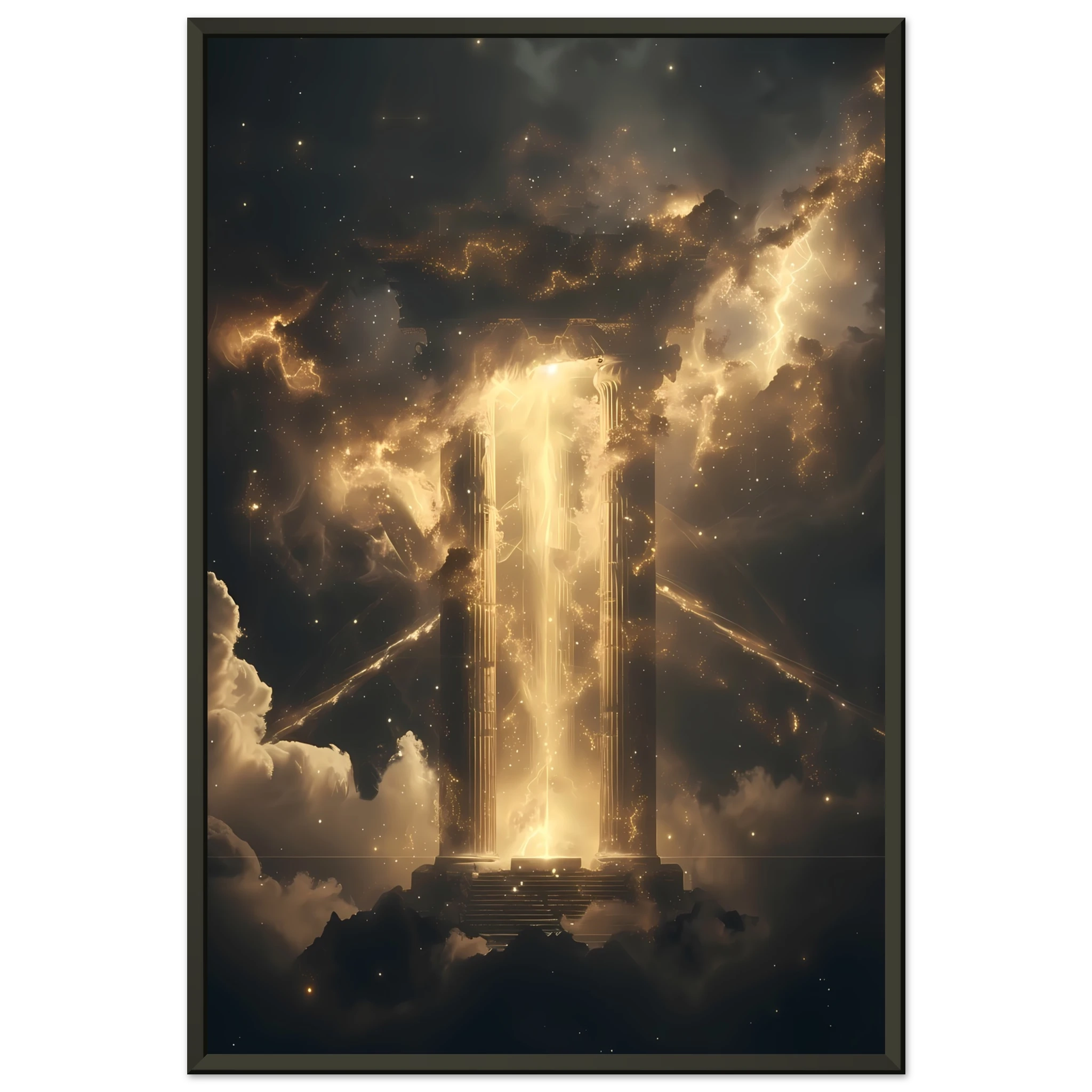 Glowing nebula temple with starlight beams through ancient pillars — cinematic cosmic wall print.