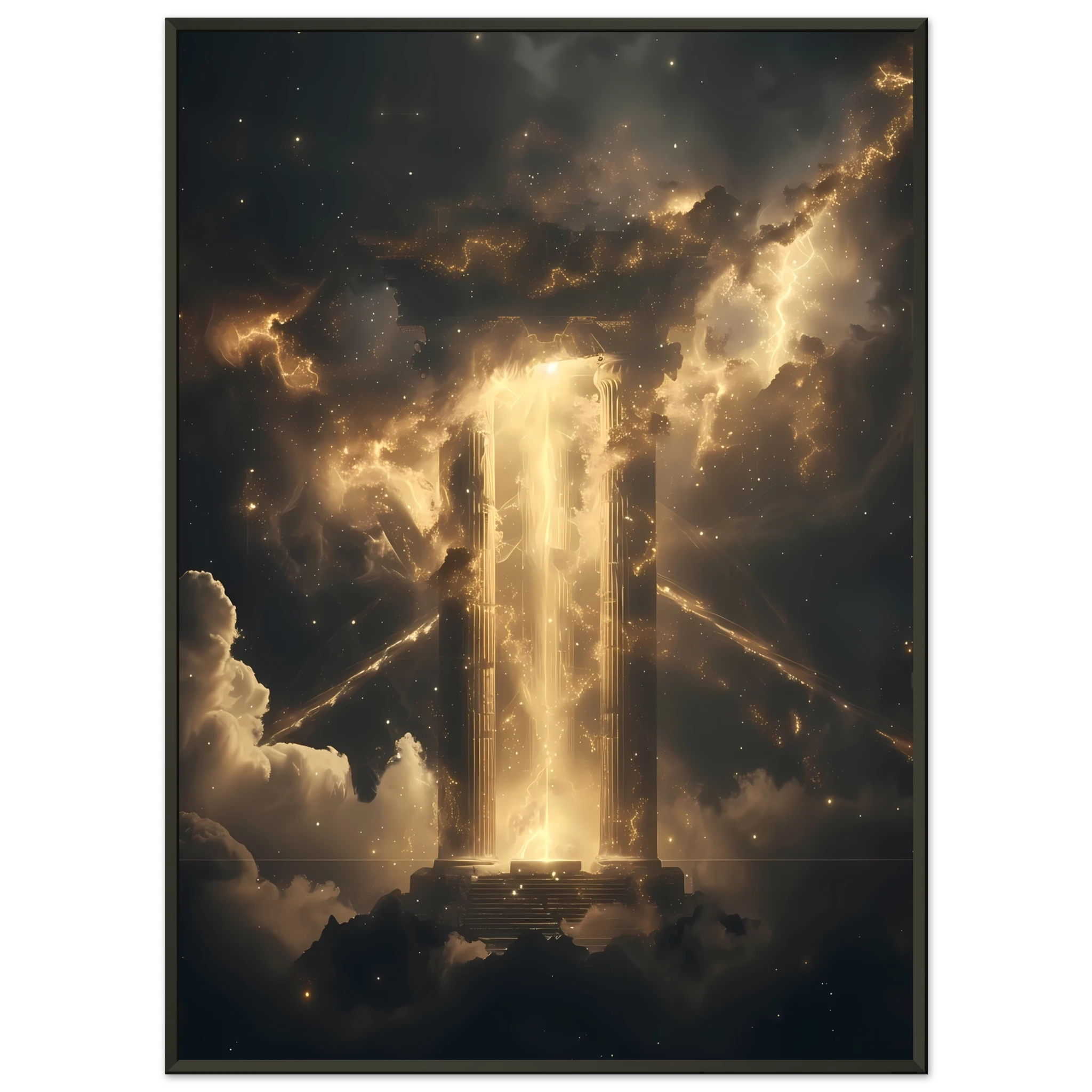 Glowing nebula temple with starlight beams through ancient pillars — cinematic cosmic wall print.