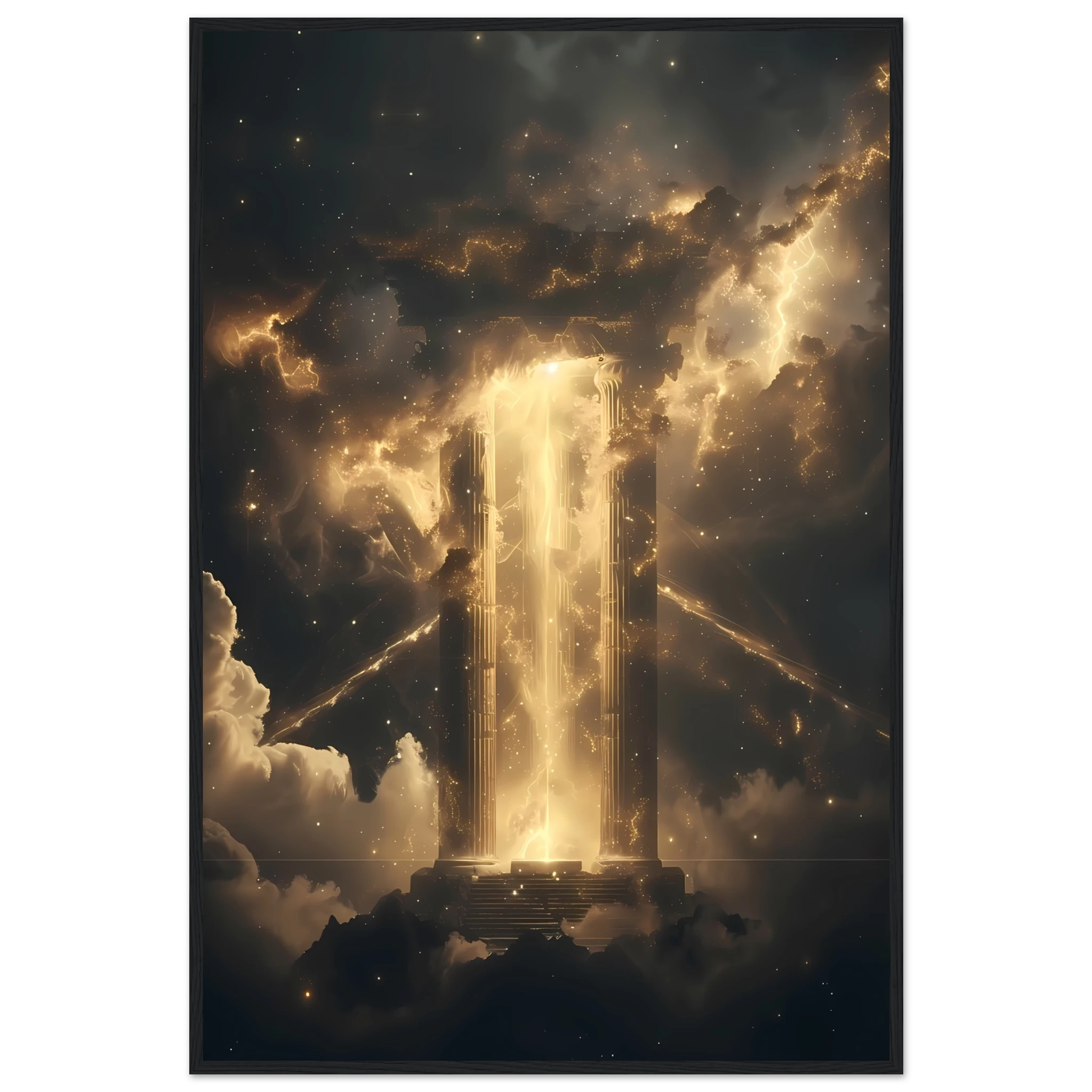 Glowing nebula temple with starlight beams through ancient pillars — cinematic cosmic wall print.