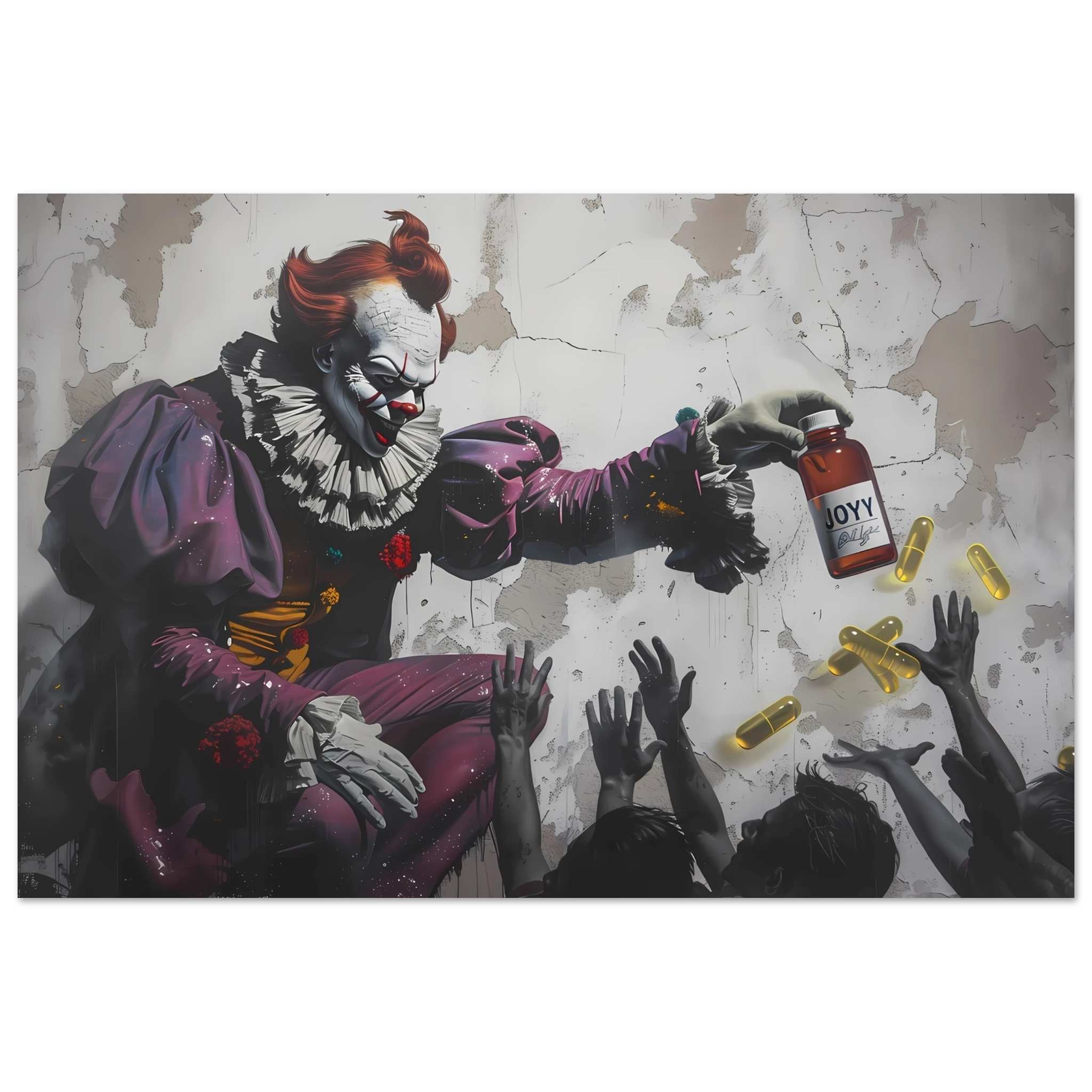 Clown giving glowing JOY pills to faceless crowd — Banksy inspired satire on happiness culture.