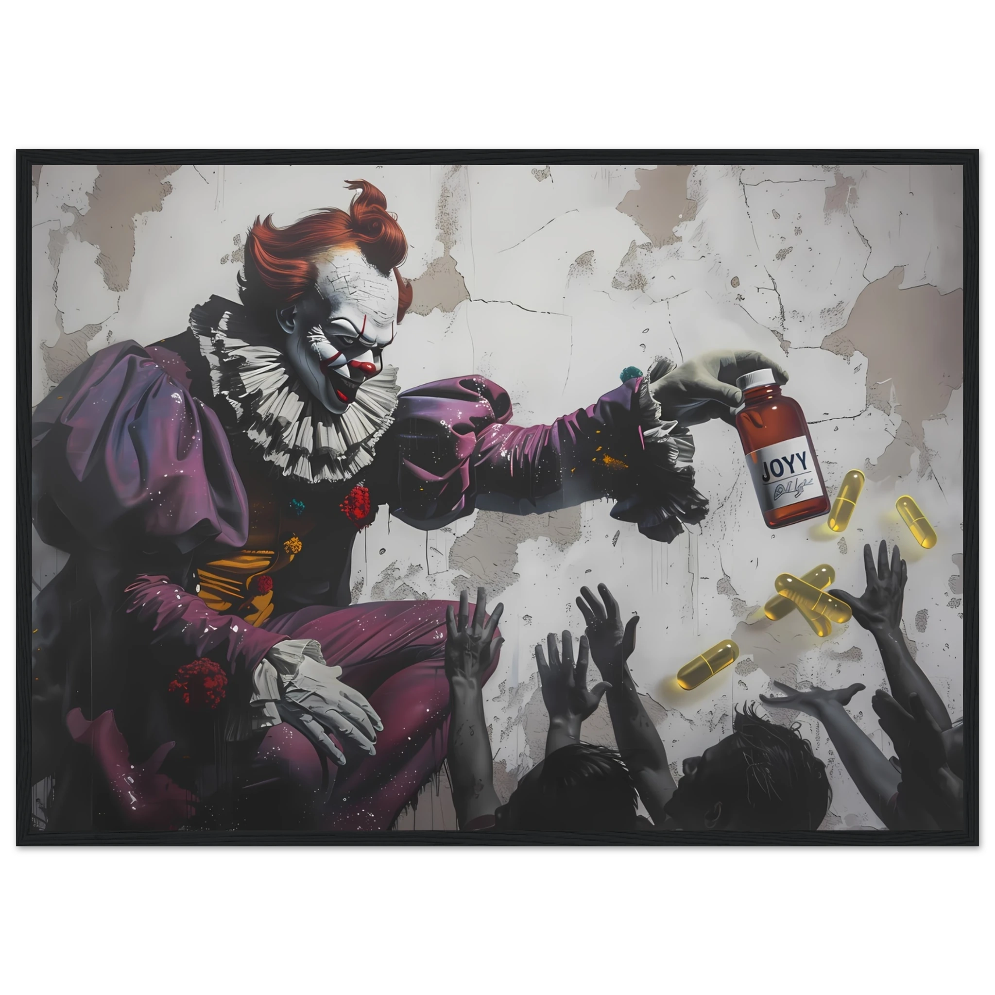 Clown giving glowing JOY pills to faceless crowd — Banksy inspired satire on happiness culture.