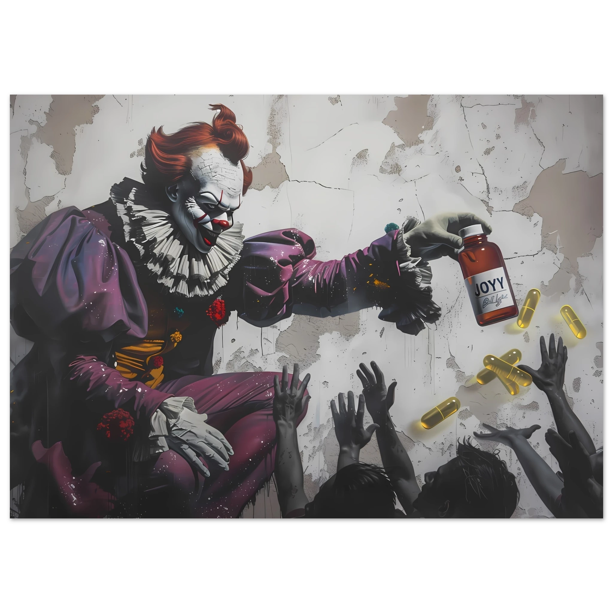Clown giving glowing JOY pills to faceless crowd — Banksy inspired satire on happiness culture.