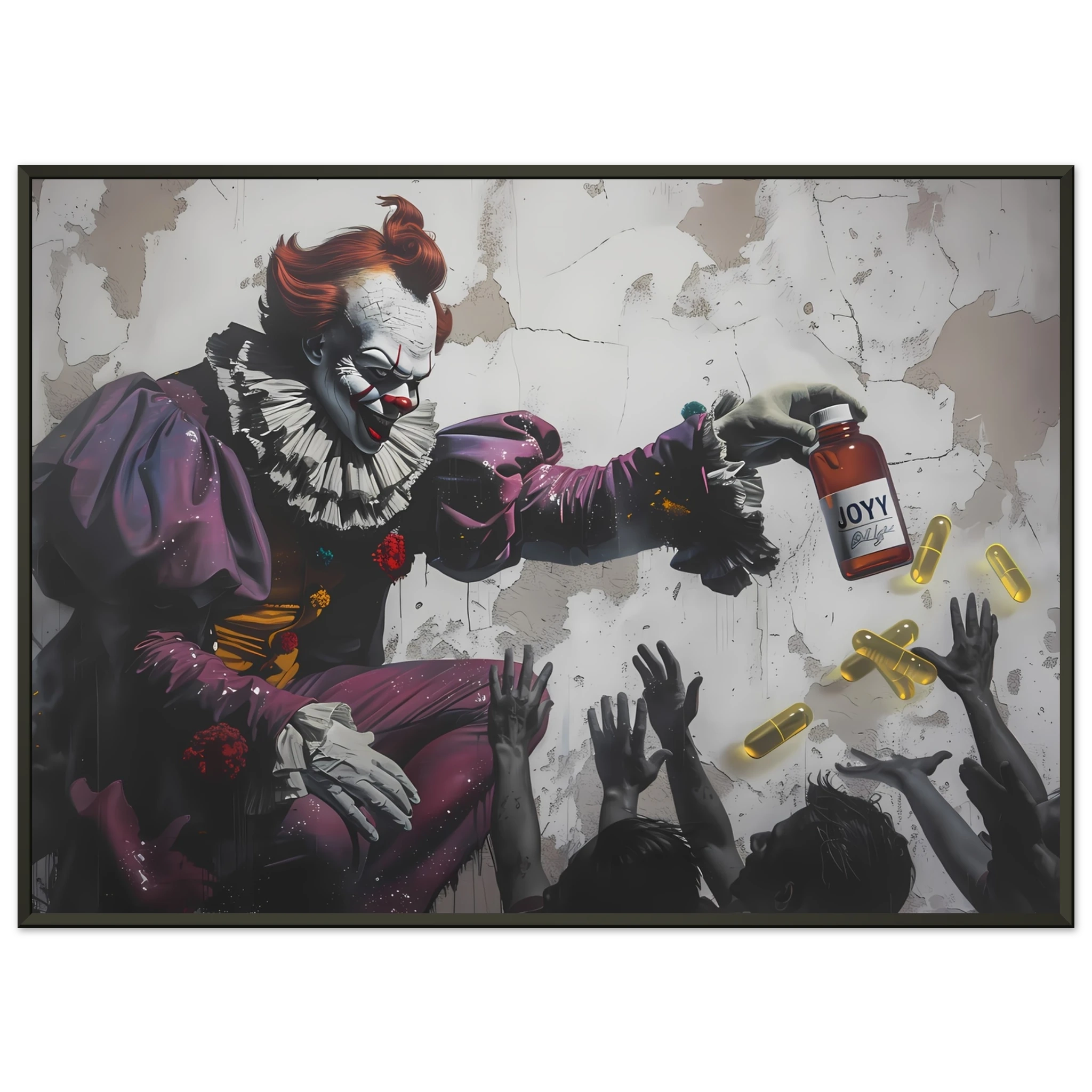 Clown giving glowing JOY pills to faceless crowd — Banksy inspired satire on happiness culture.