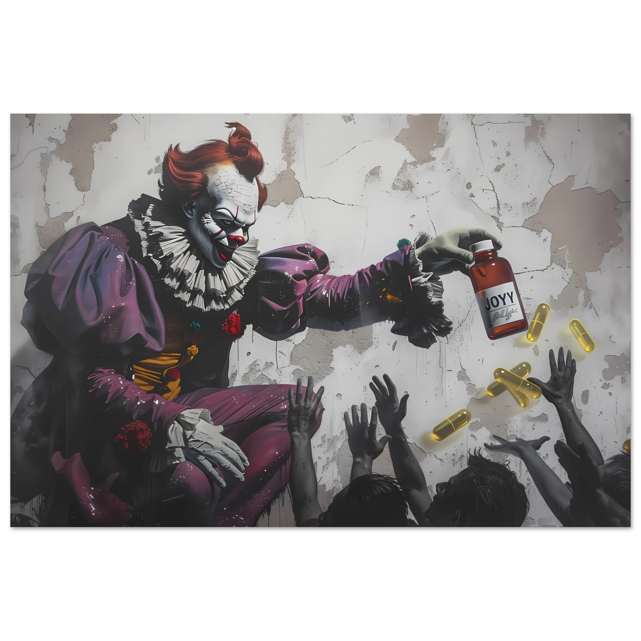 Clown giving glowing JOY pills to faceless crowd — Banksy inspired satire on happiness culture.