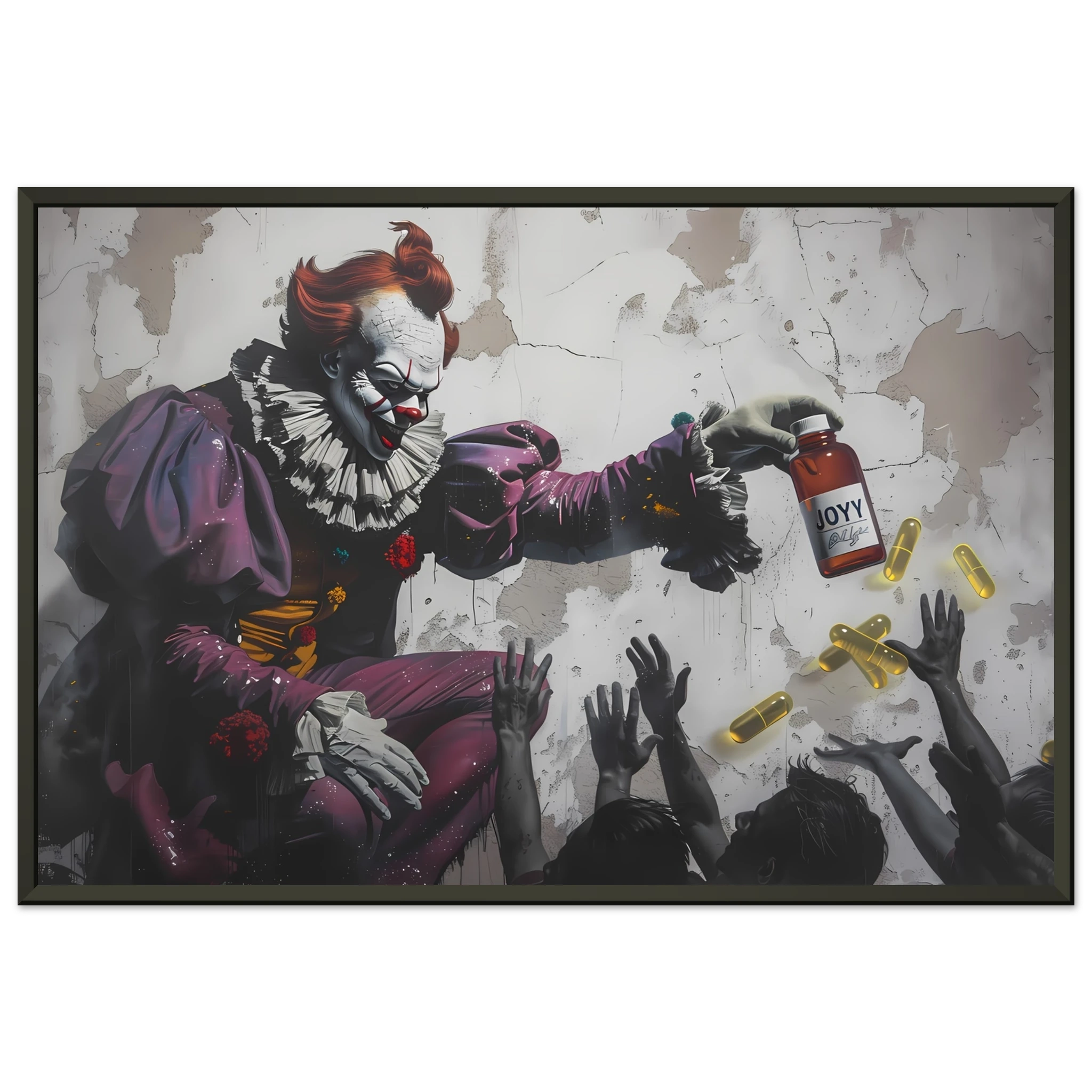 Clown giving glowing JOY pills to faceless crowd — Banksy inspired satire on happiness culture.