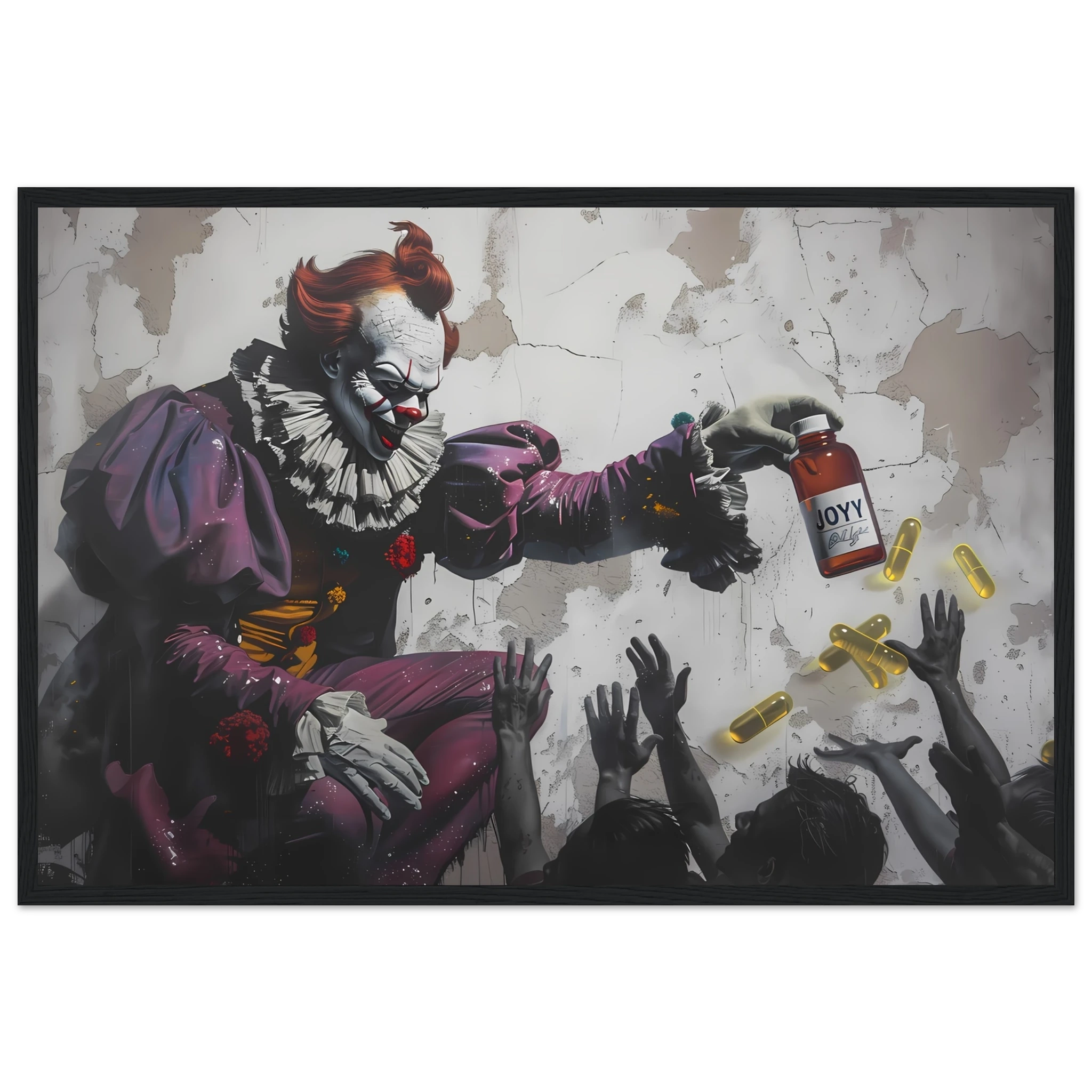 Clown giving glowing JOY pills to faceless crowd — Banksy inspired satire on happiness culture.