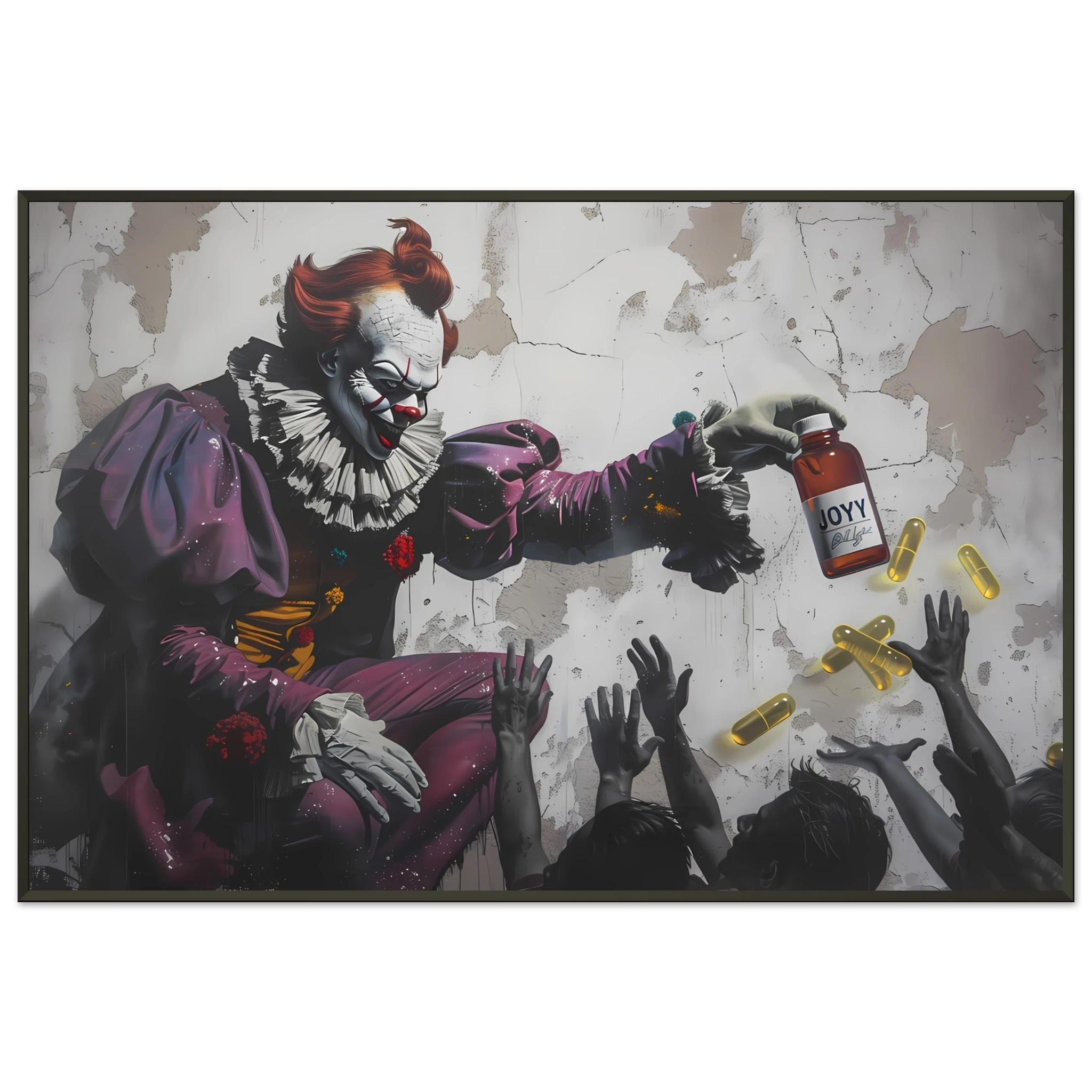 Clown giving glowing JOY pills to faceless crowd — Banksy inspired satire on happiness culture.