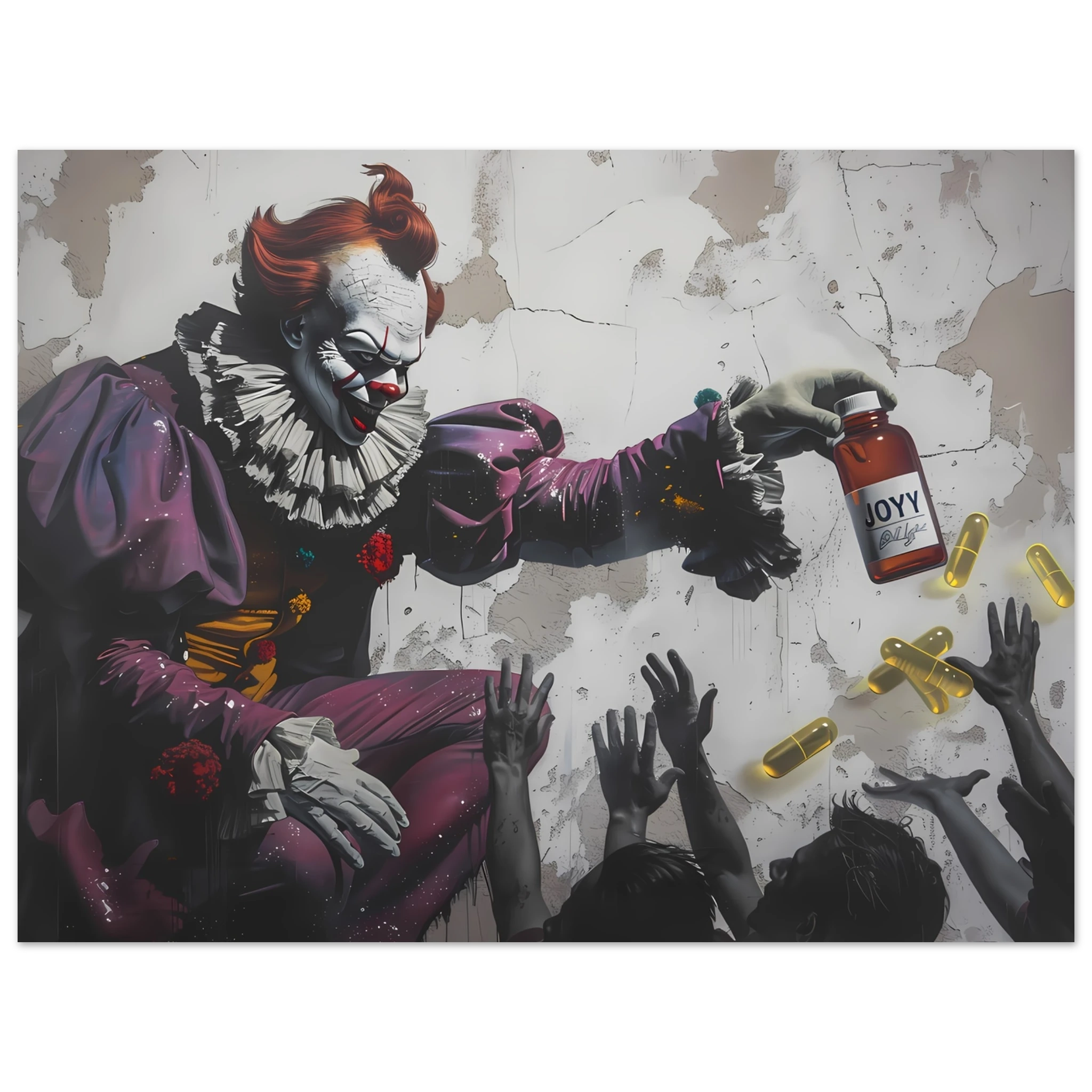Clown giving glowing JOY pills to faceless crowd — Banksy inspired satire on happiness culture.