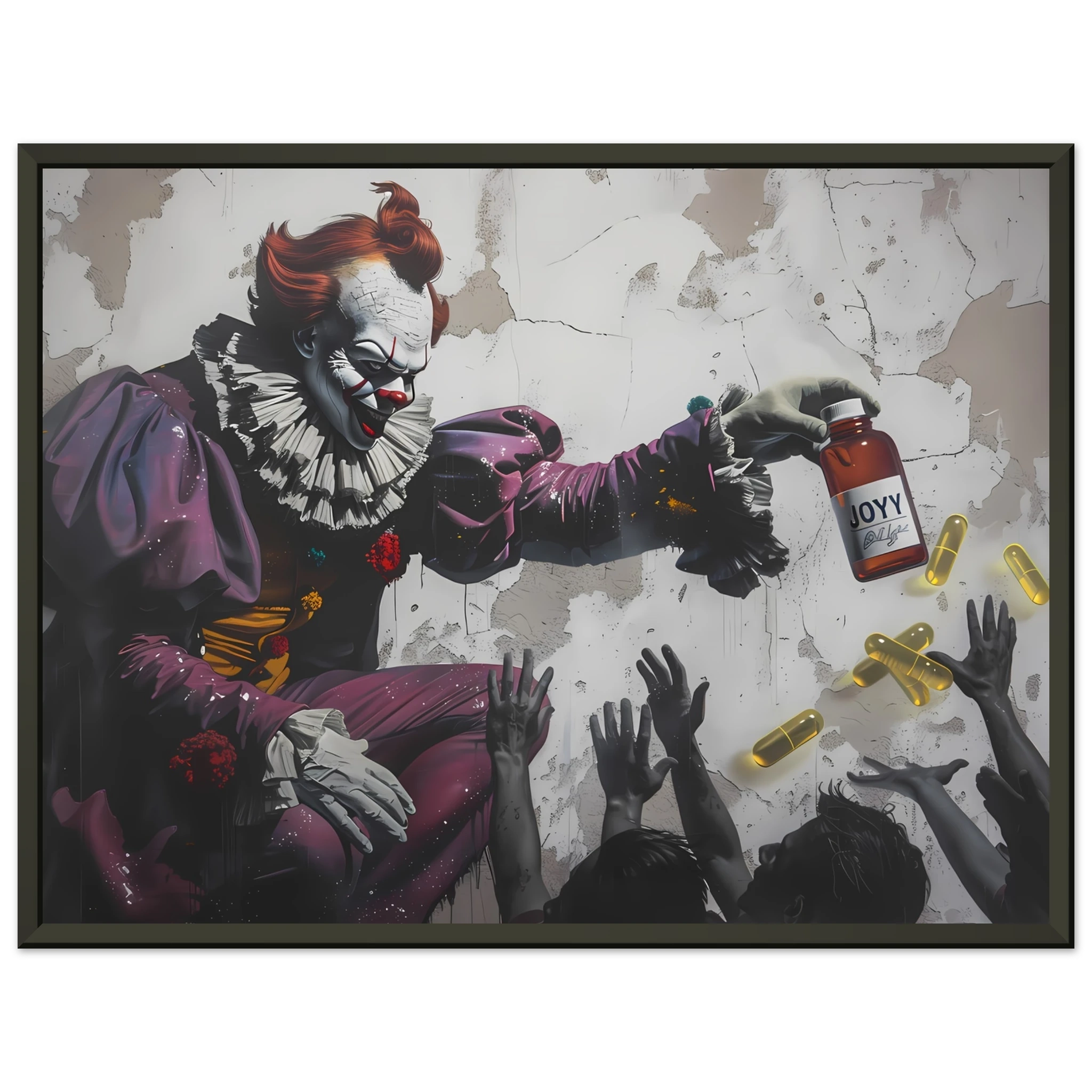 Clown giving glowing JOY pills to faceless crowd — Banksy inspired satire on happiness culture.