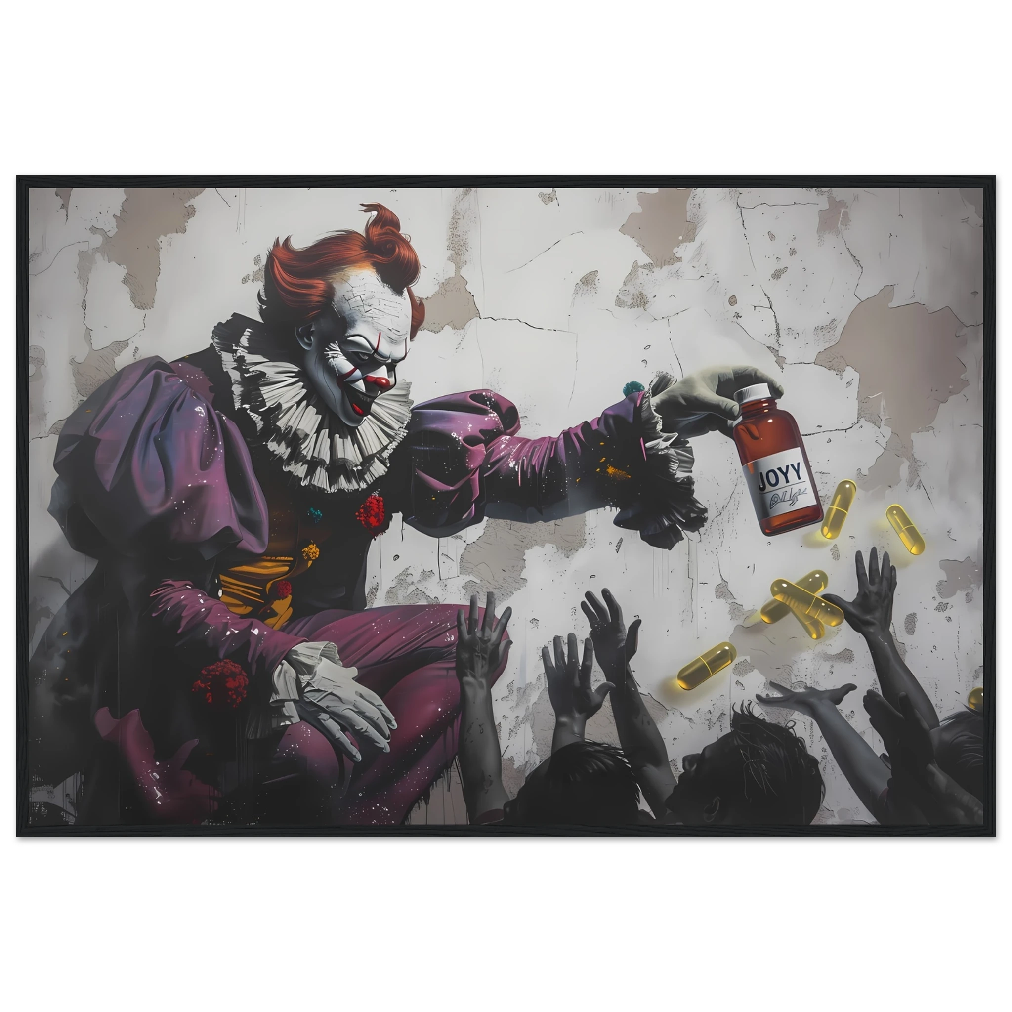 Clown giving glowing JOY pills to faceless crowd — Banksy inspired satire on happiness culture.
