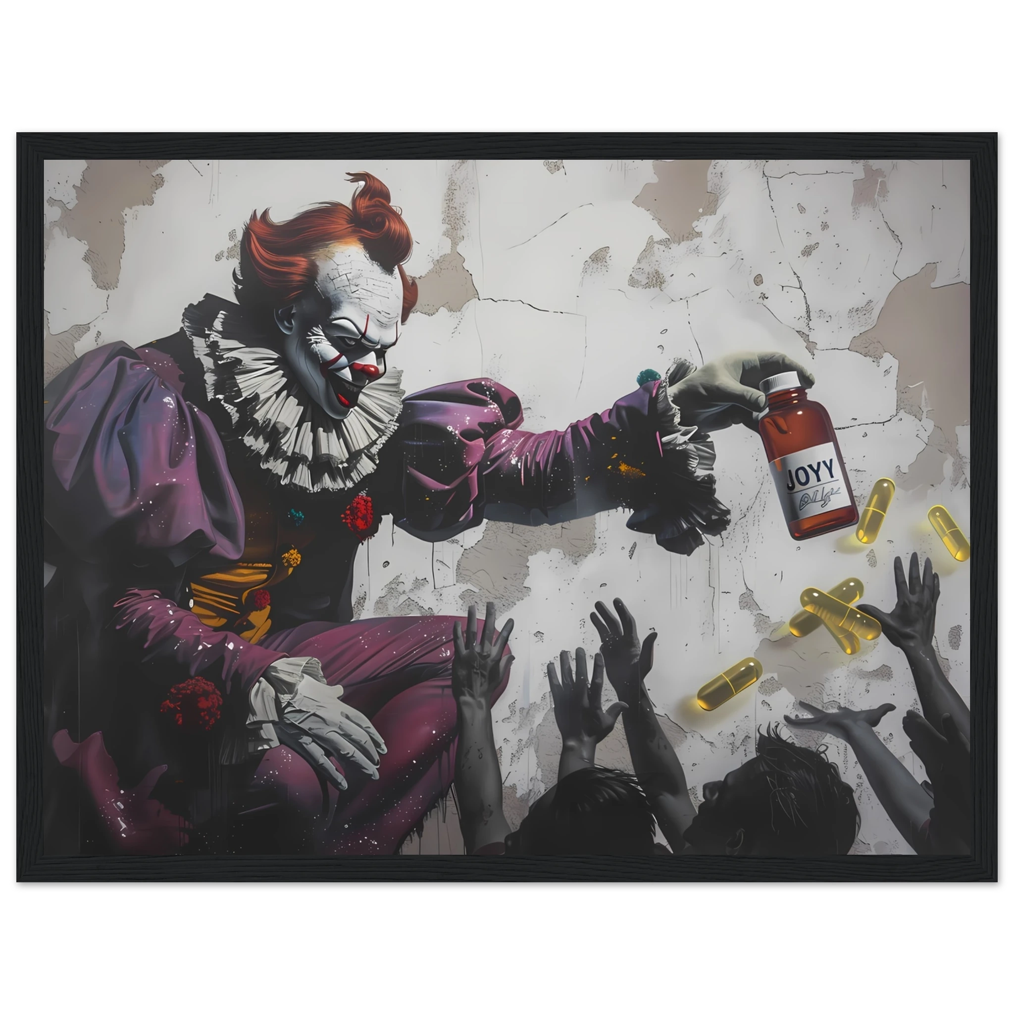 Clown giving glowing JOY pills to faceless crowd — Banksy inspired satire on happiness culture.