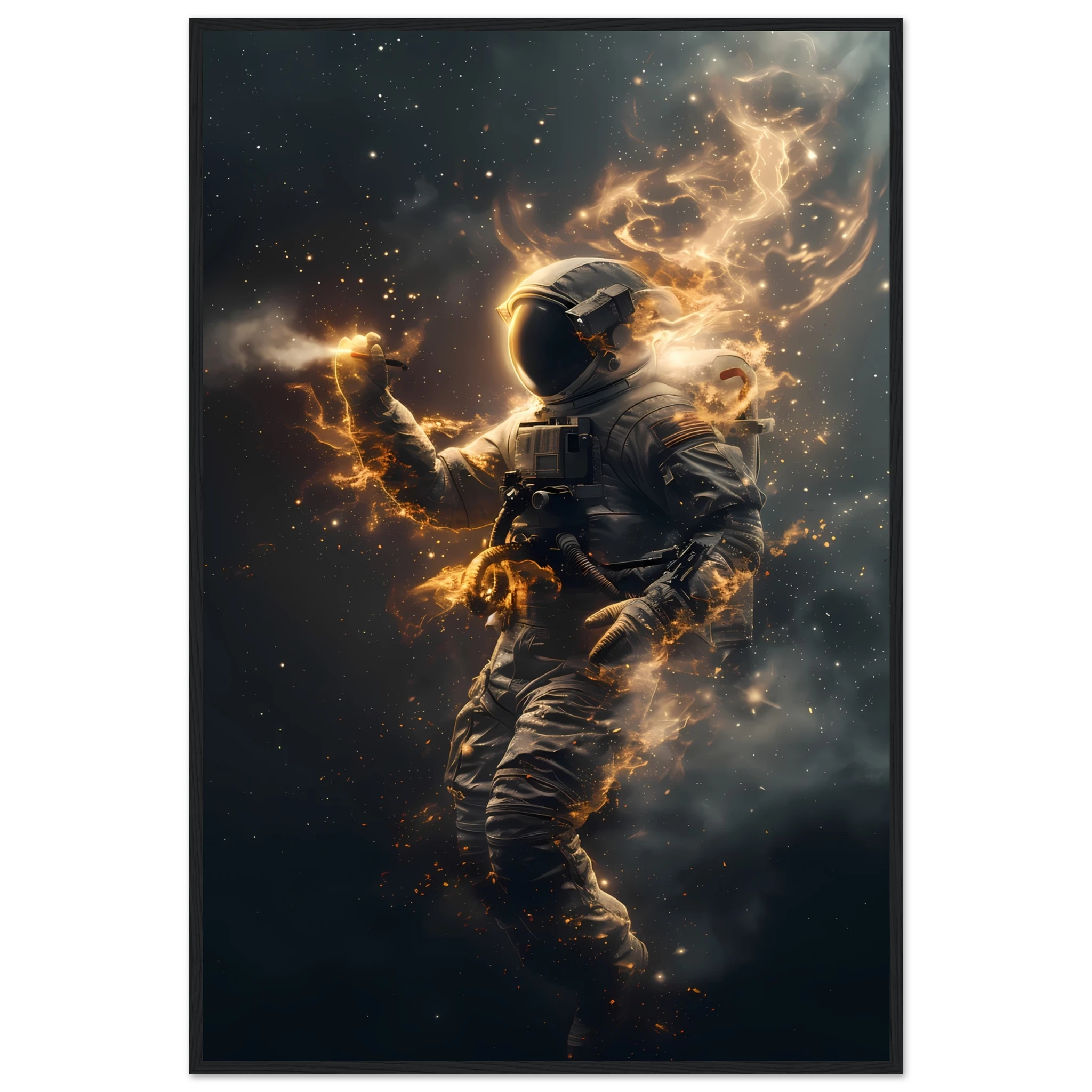Astral Voyager wall art print featuring an astronaut surrounded by glowing golden stardust in deep space — cinematic cosmic artwork for modern interiors.