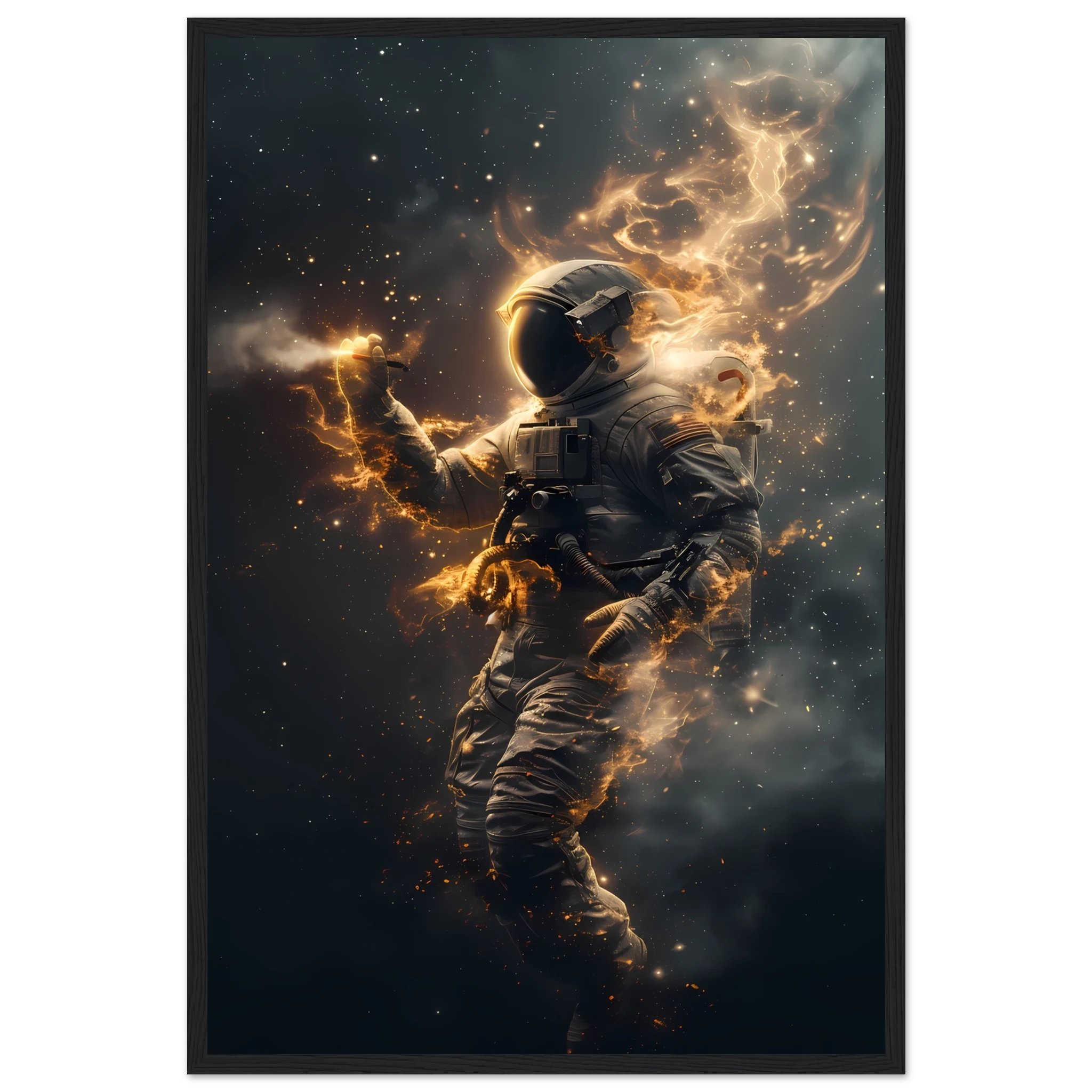 Astral Voyager wall art print featuring an astronaut surrounded by glowing golden stardust in deep space — cinematic cosmic artwork for modern interiors.