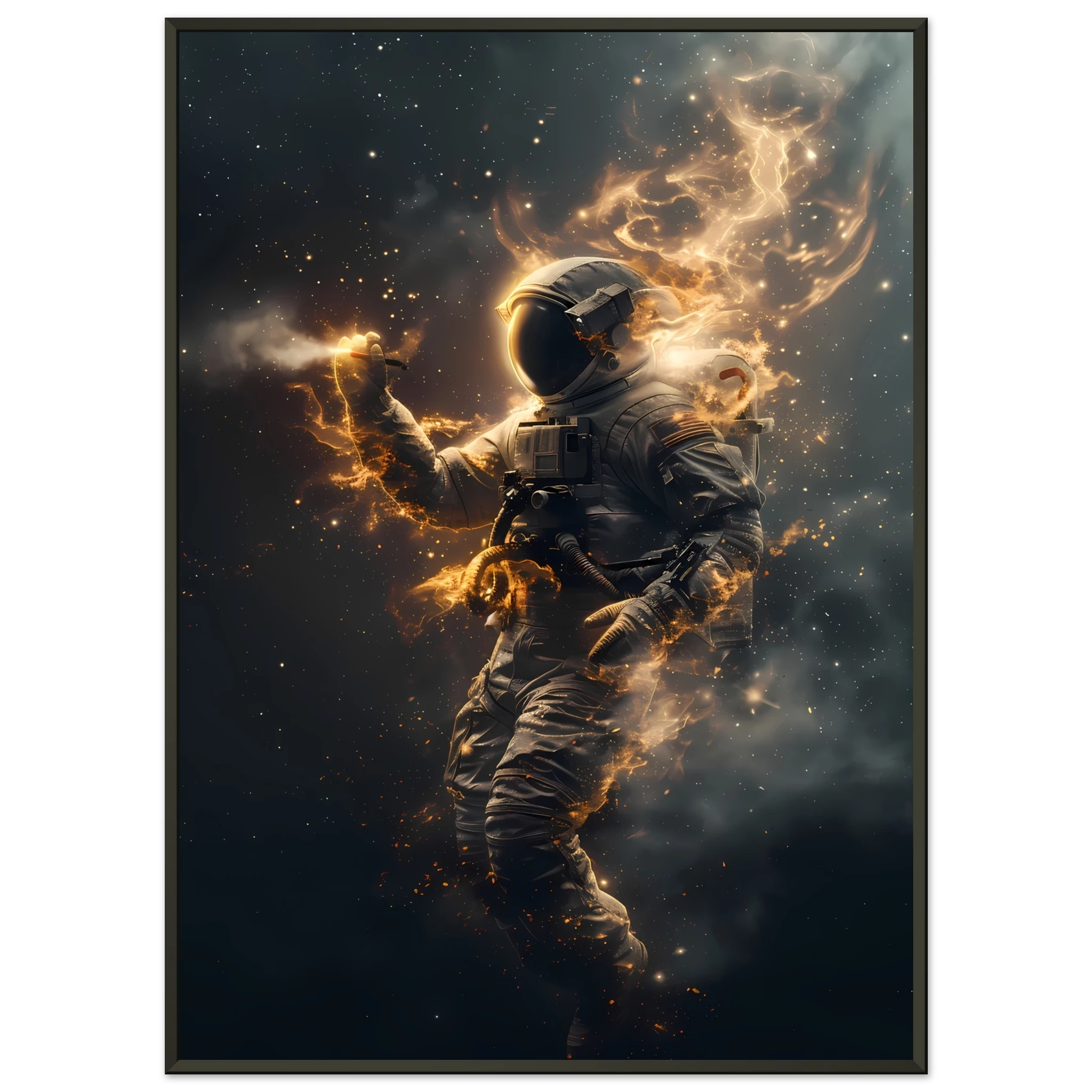 Astral Voyager wall art print featuring an astronaut surrounded by glowing golden stardust in deep space — cinematic cosmic artwork for modern interiors.