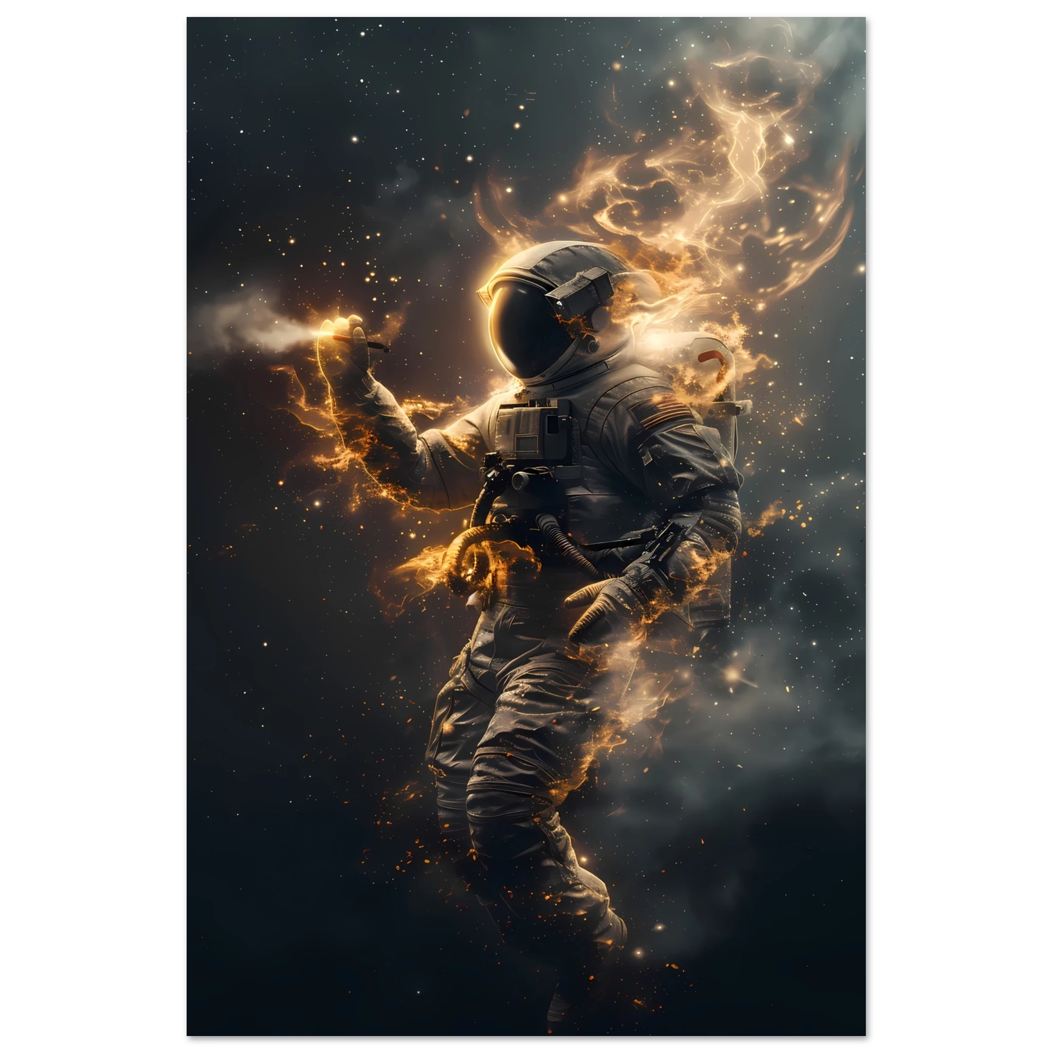 Astral Voyager wall art print featuring an astronaut surrounded by glowing golden stardust in deep space — cinematic cosmic artwork for modern interiors.