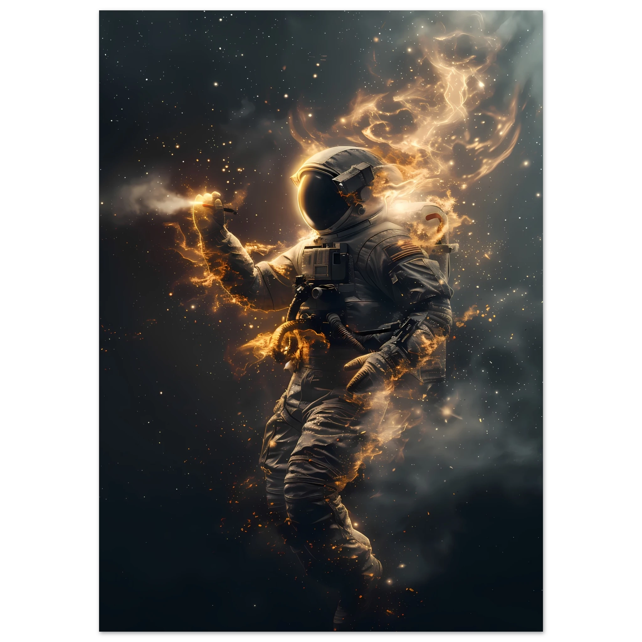 Astral Voyager wall art print featuring an astronaut surrounded by glowing golden stardust in deep space — cinematic cosmic artwork for modern interiors.