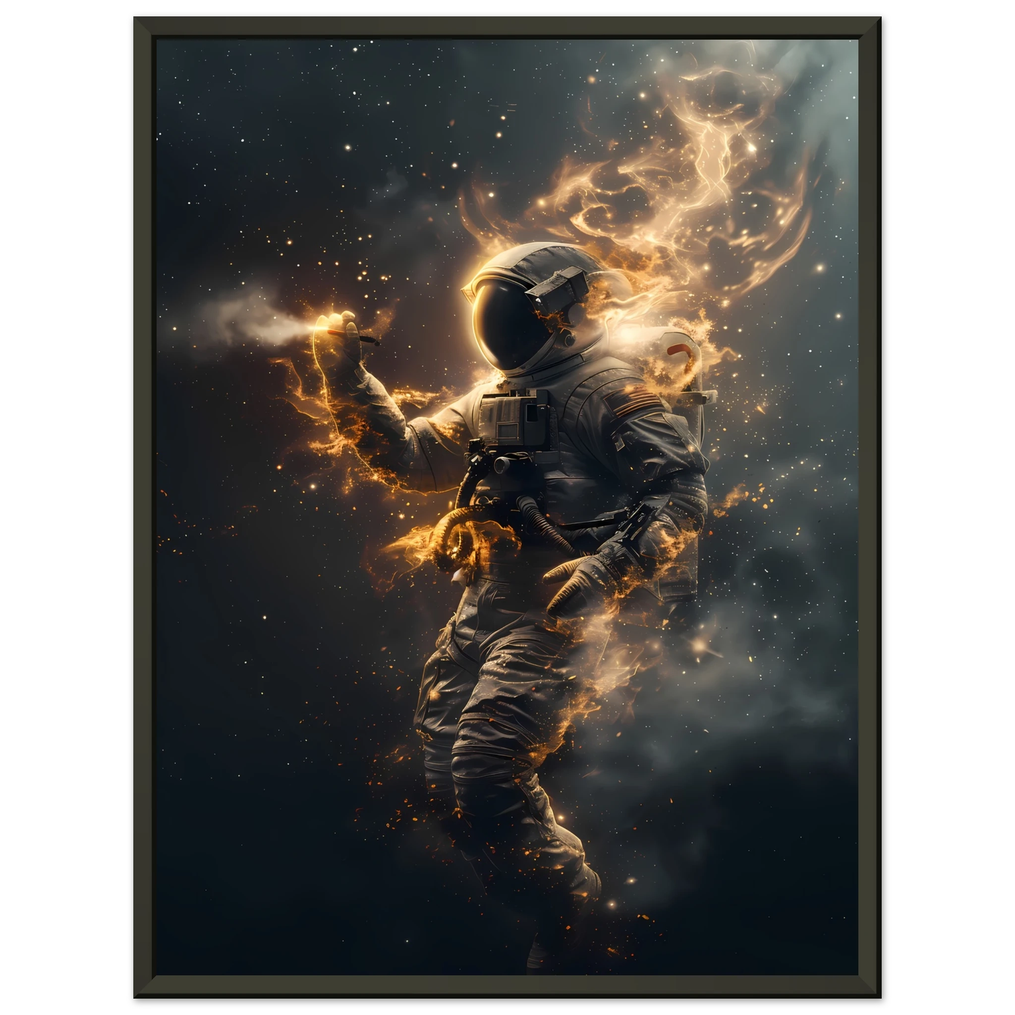 Astral Voyager wall art print featuring an astronaut surrounded by glowing golden stardust in deep space — cinematic cosmic artwork for modern interiors.