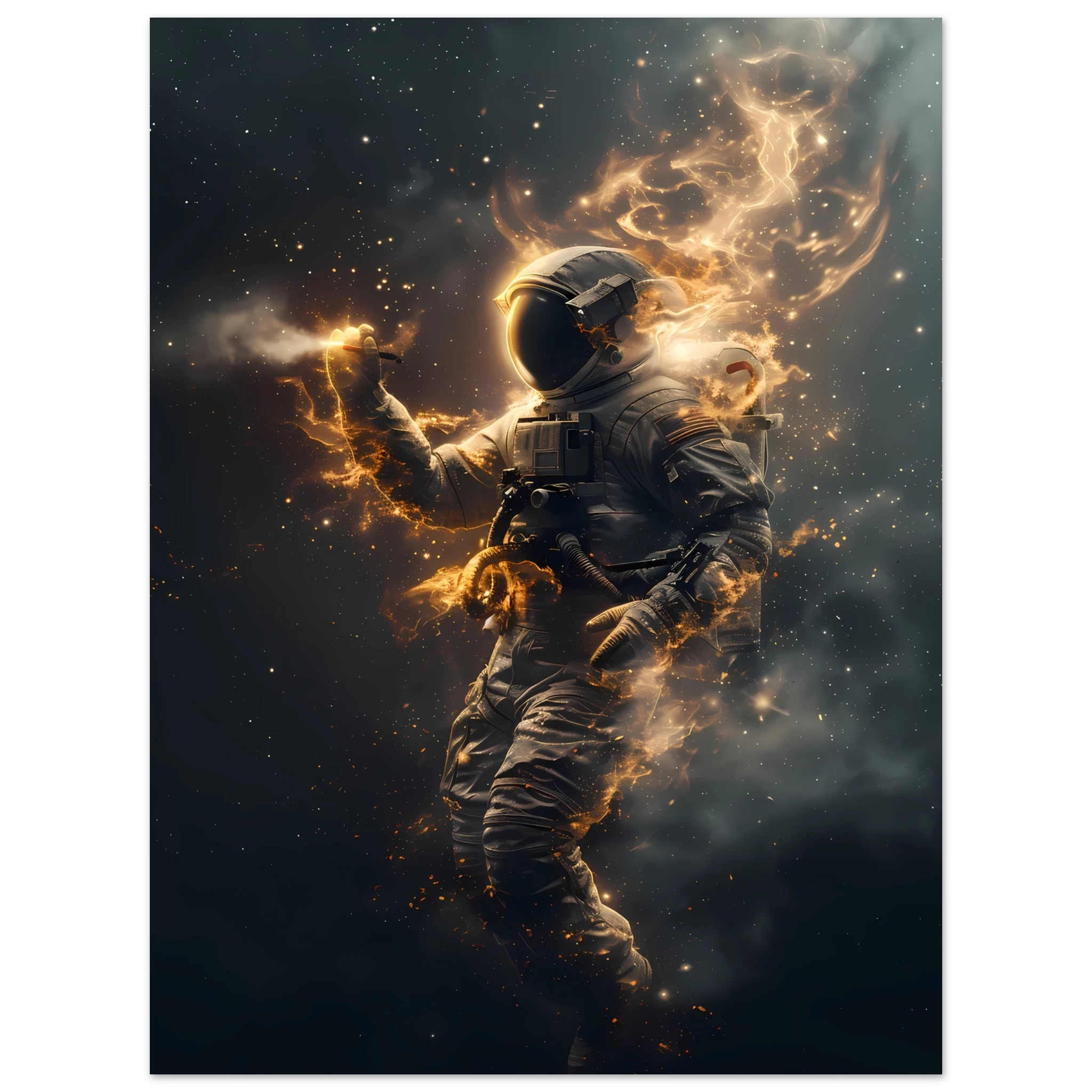 Astral Voyager wall art print featuring an astronaut surrounded by glowing golden stardust in deep space — cinematic cosmic artwork for modern interiors.
