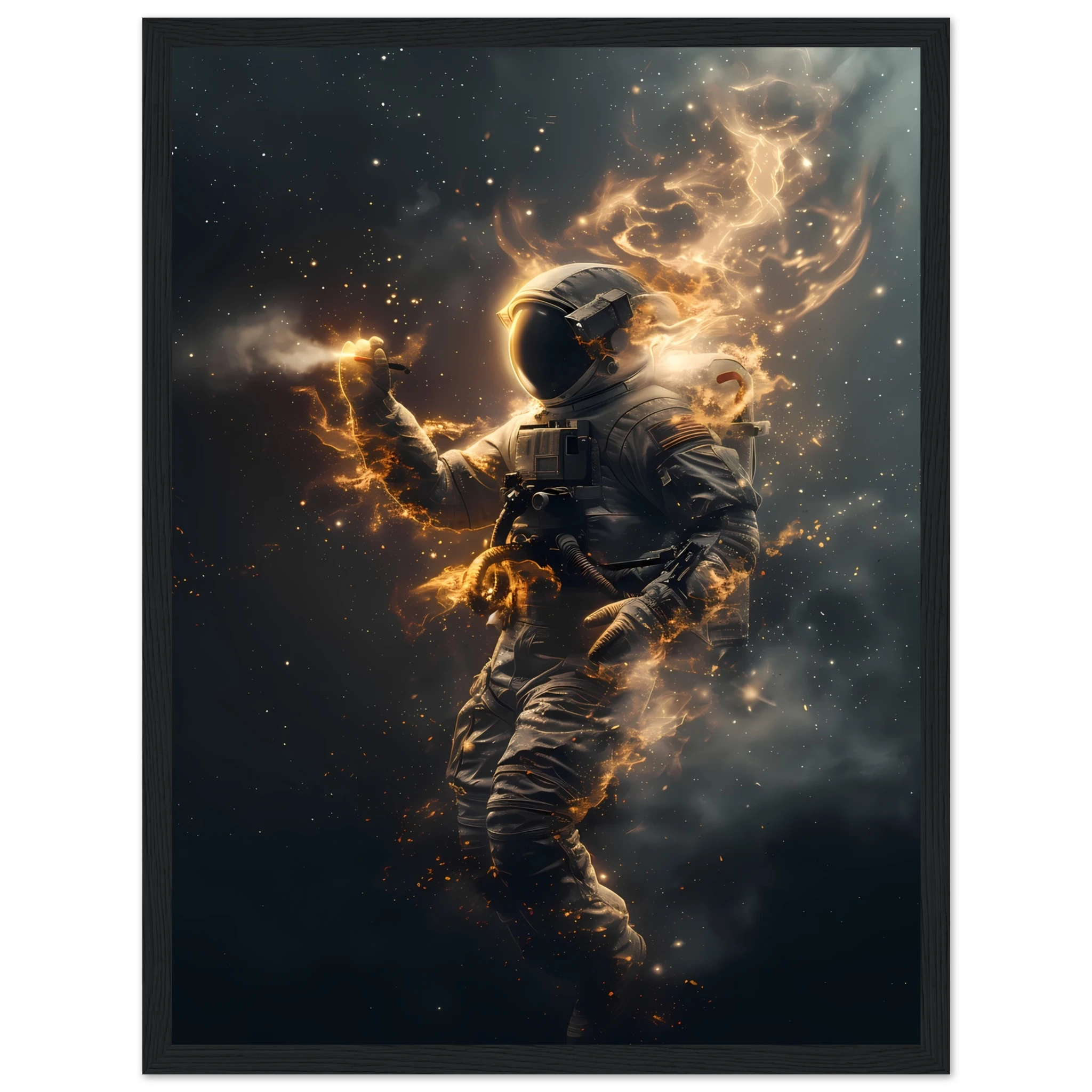 Astral Voyager wall art print featuring an astronaut surrounded by glowing golden stardust in deep space — cinematic cosmic artwork for modern interiors.