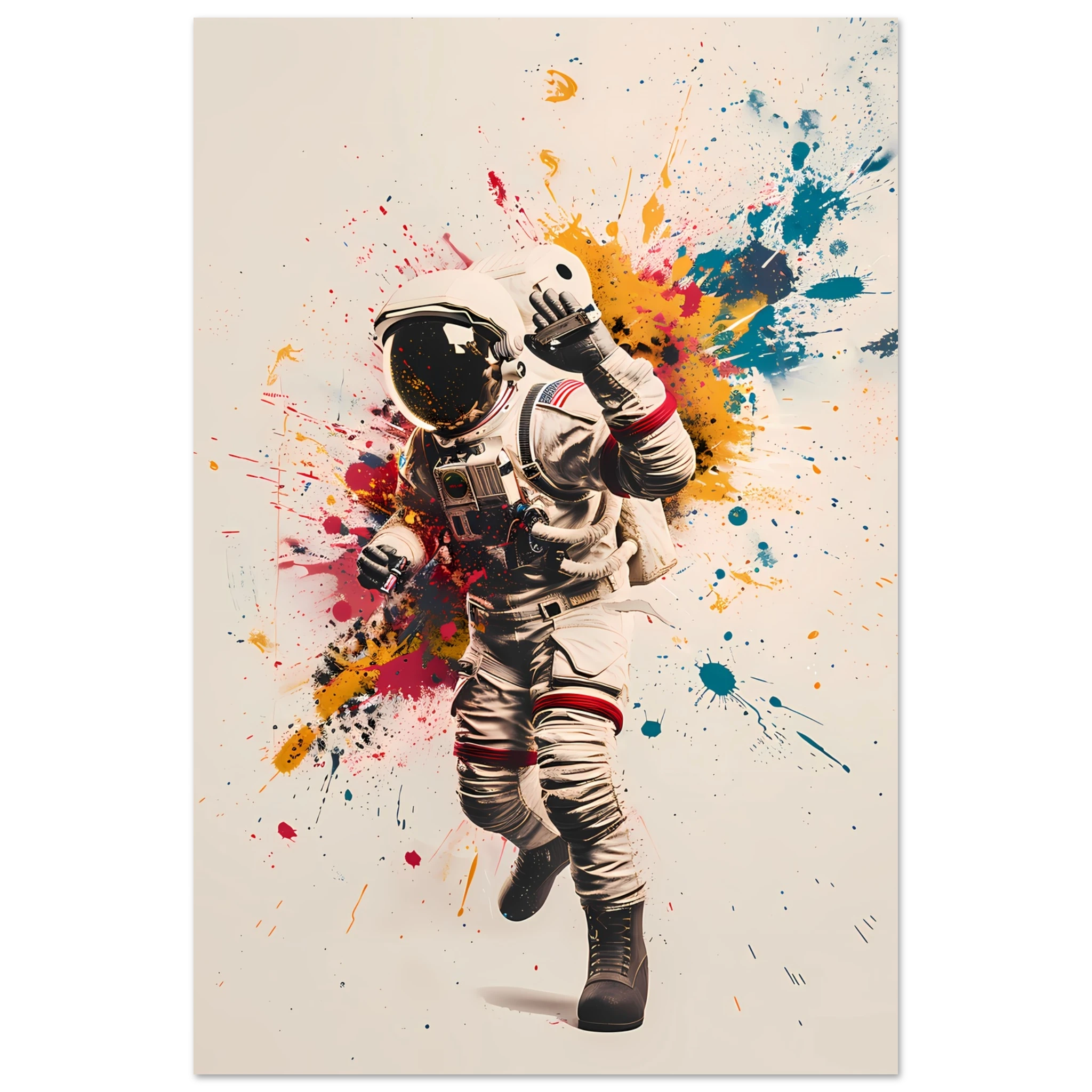 Astronaut tagging a space station wall with glowing graffiti — cosmic pop mashup.