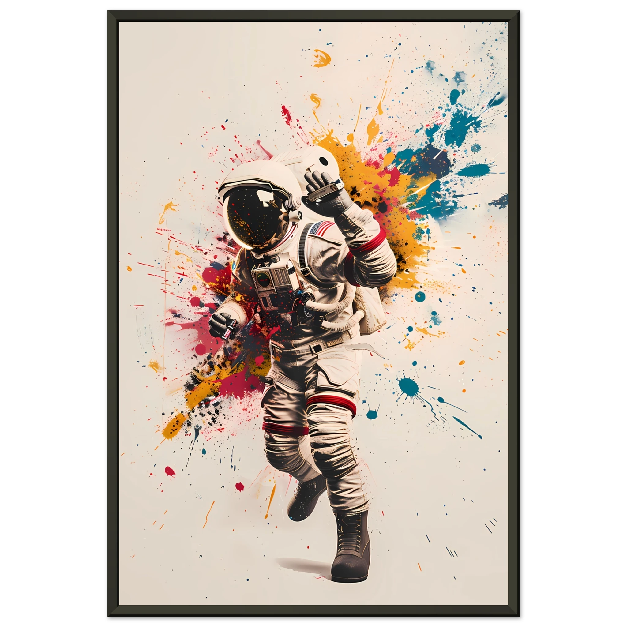 Astronaut tagging a space station wall with glowing graffiti — cosmic pop mashup.