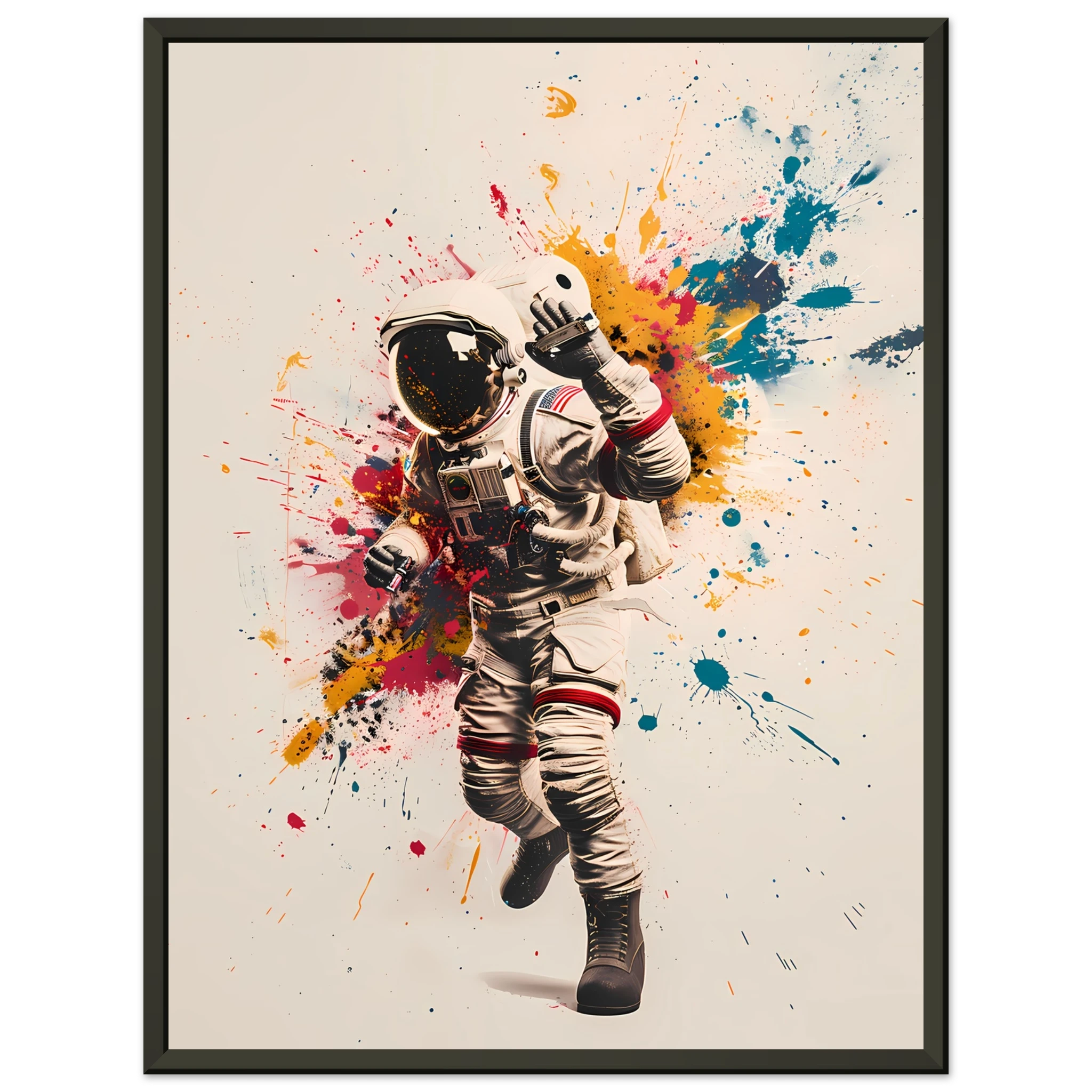 Astronaut tagging a space station wall with glowing graffiti — cosmic pop mashup.