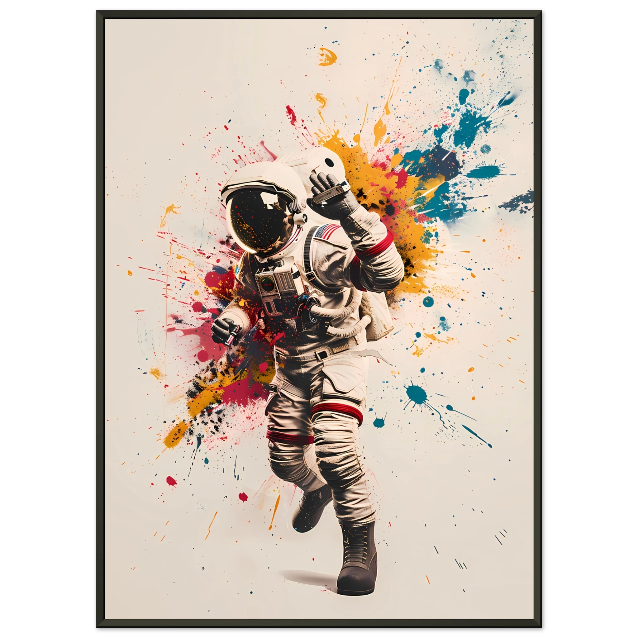 Astronaut tagging a space station wall with glowing graffiti — cosmic pop mashup.