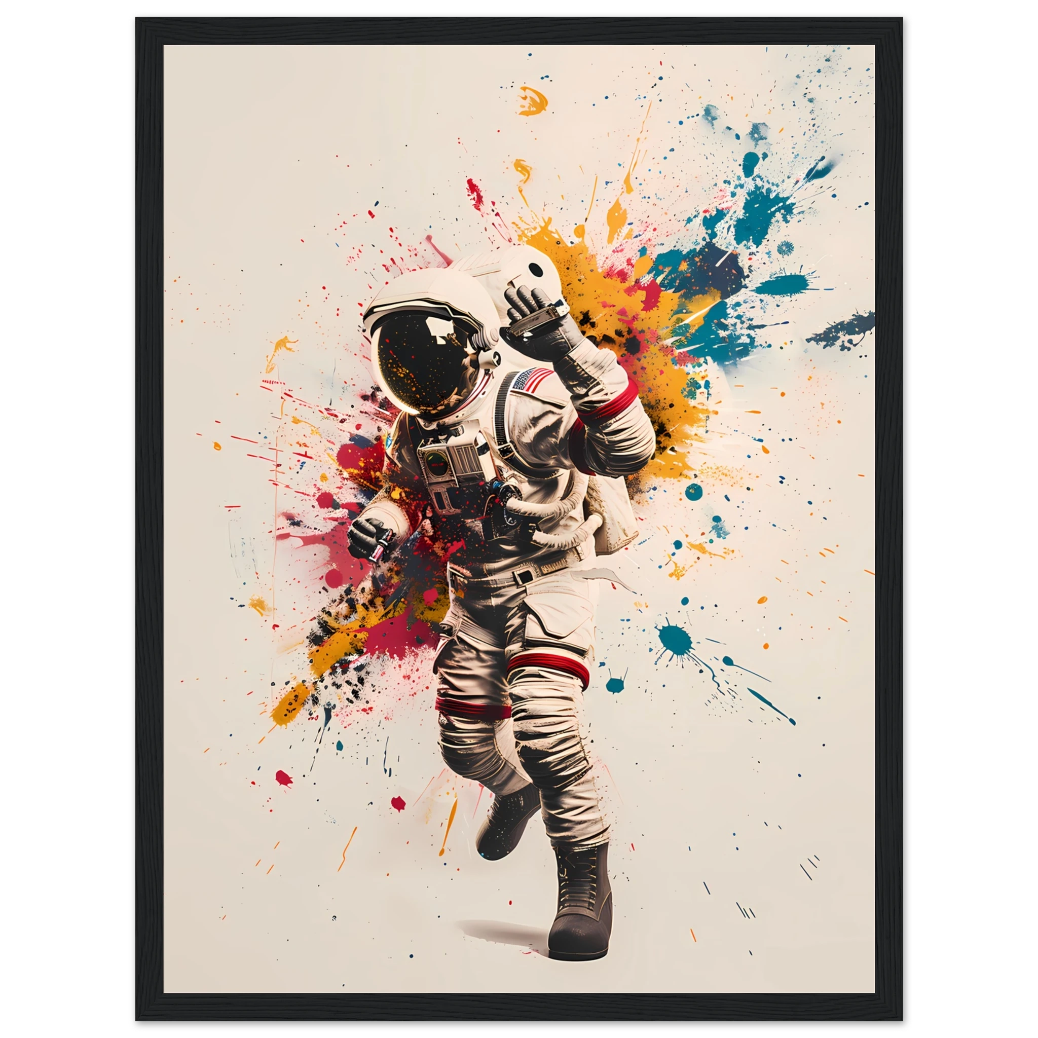 Astronaut tagging a space station wall with glowing graffiti — cosmic pop mashup.