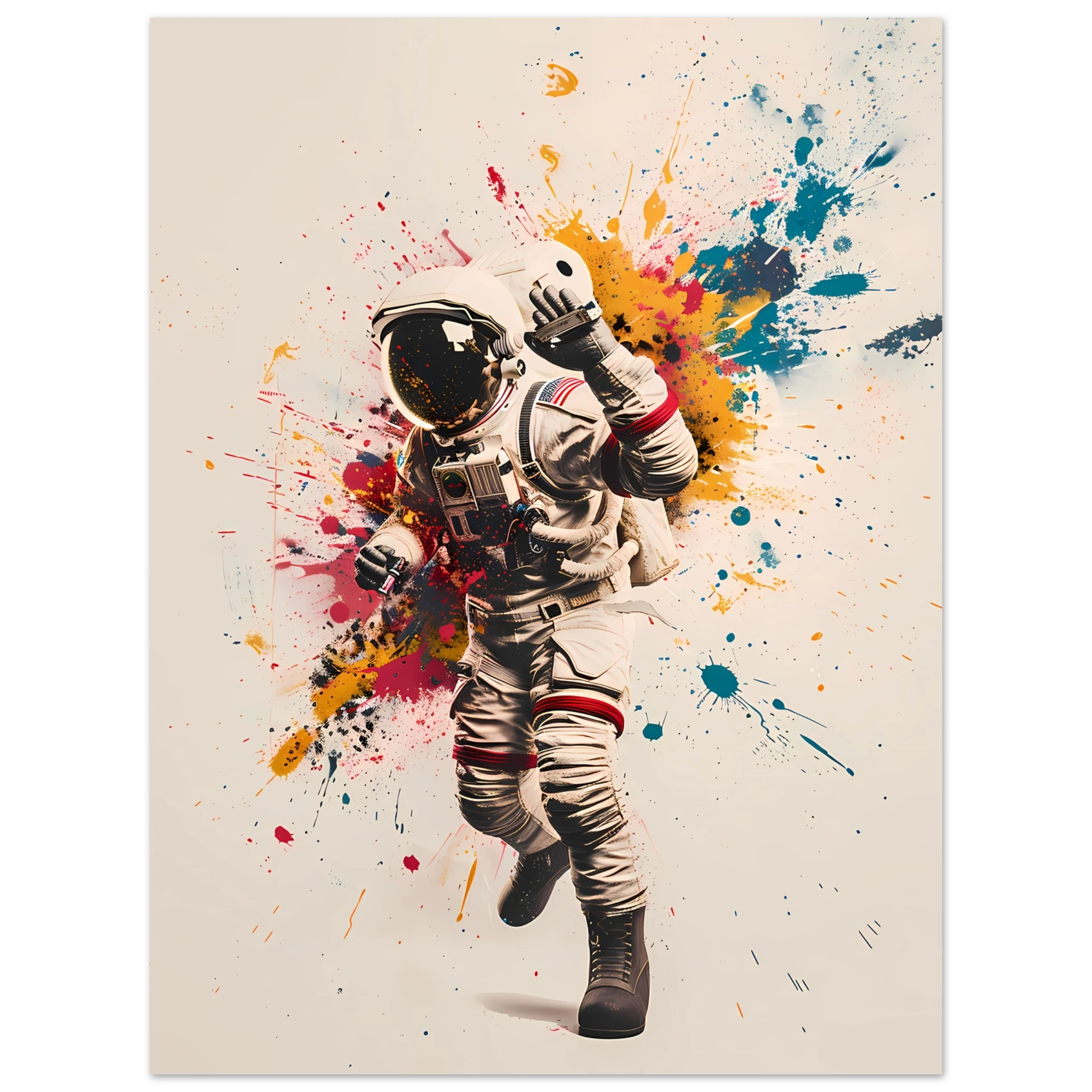 Astronaut tagging a space station wall with glowing graffiti — cosmic pop mashup.