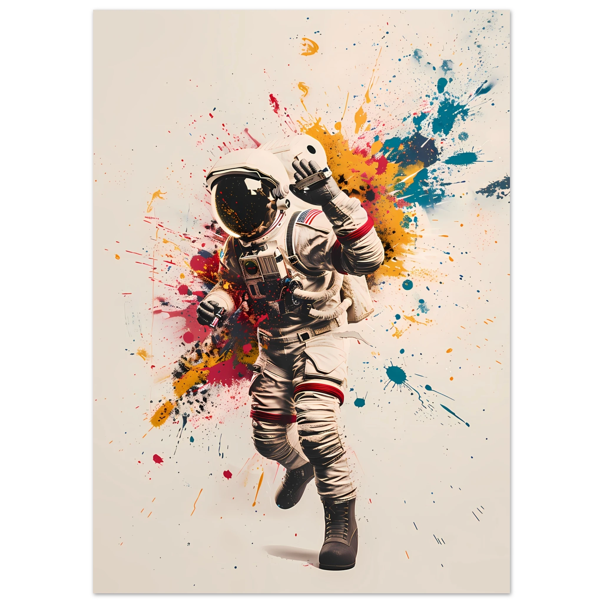 Astronaut tagging a space station wall with glowing graffiti — cosmic pop mashup.