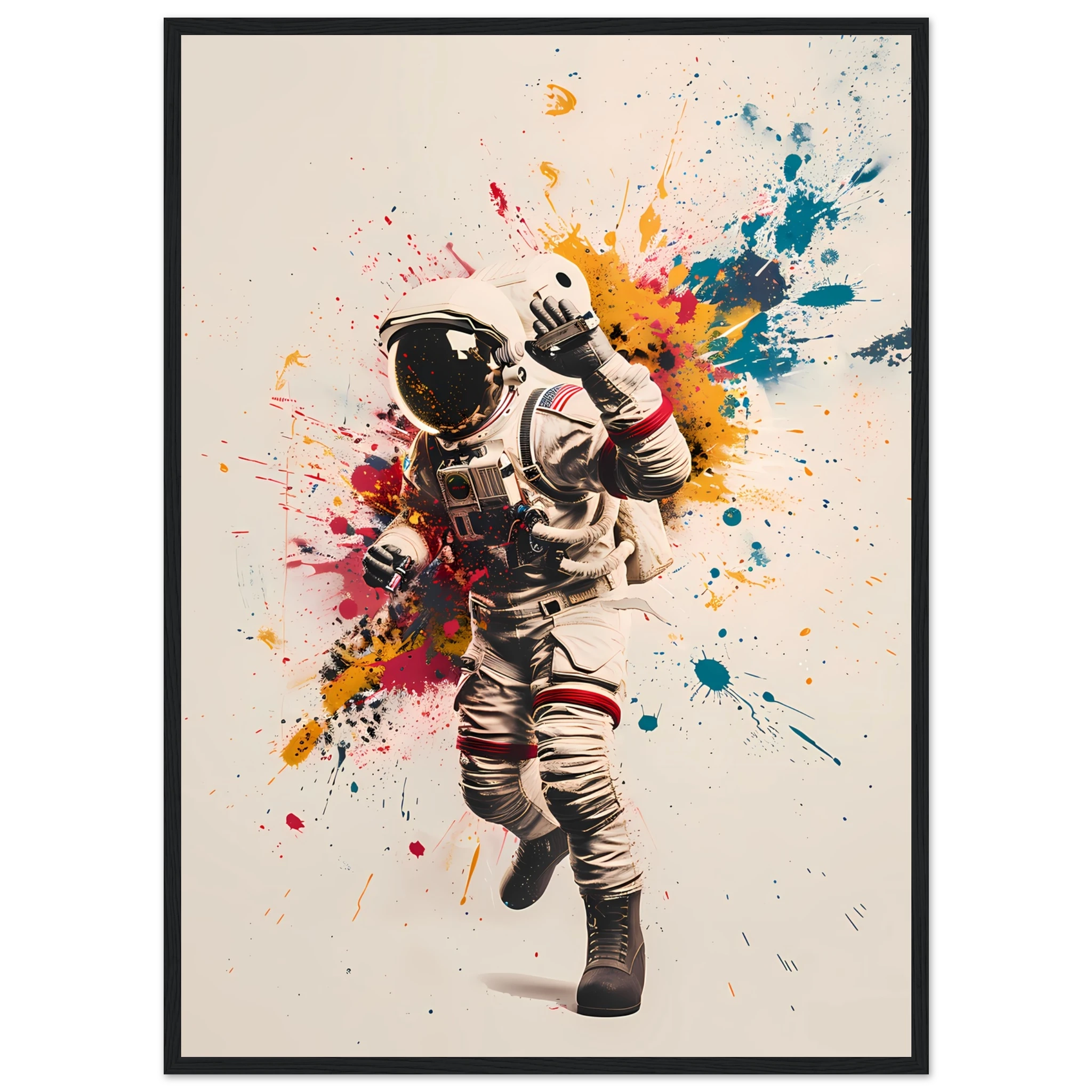 Astronaut tagging a space station wall with glowing graffiti — cosmic pop mashup.