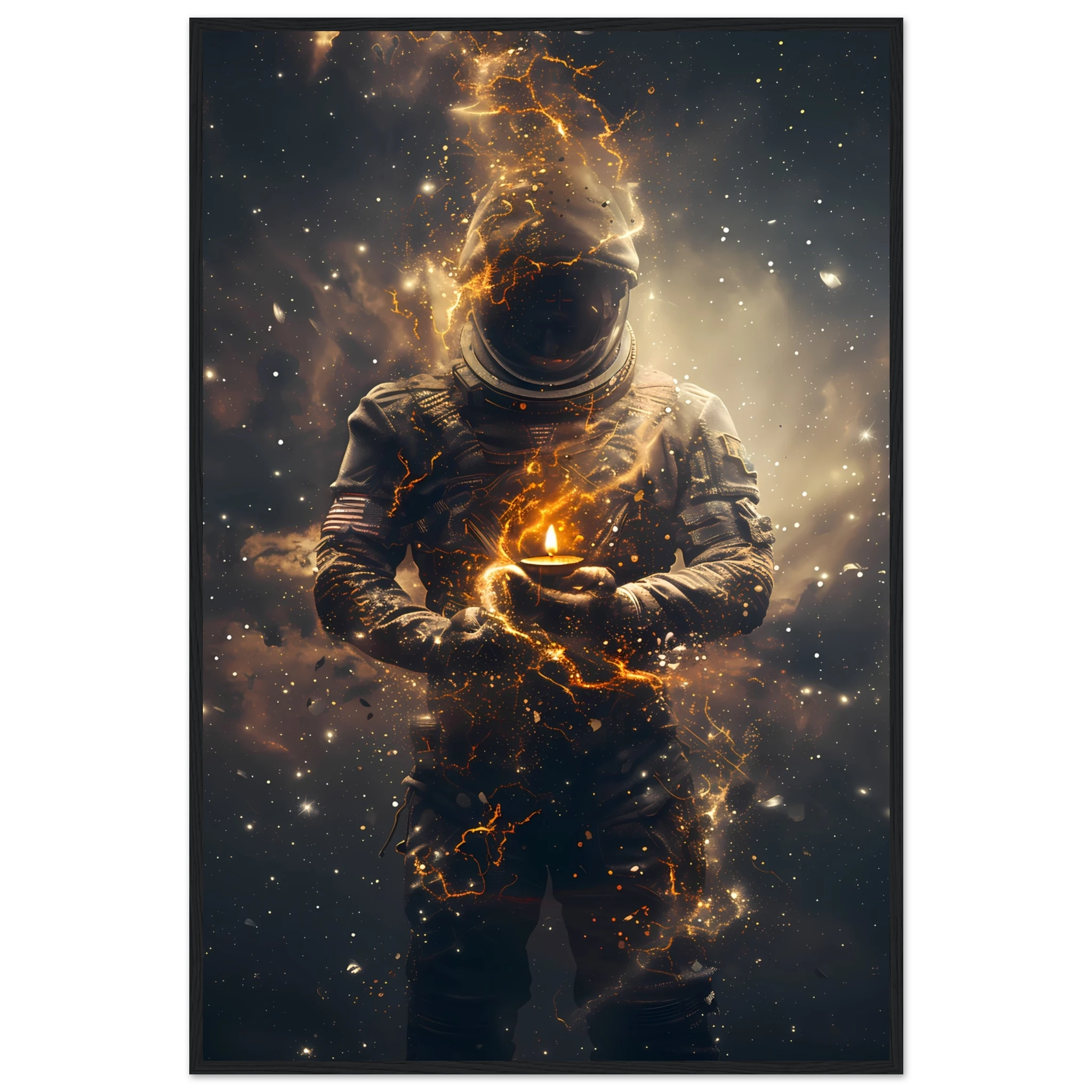 Astronaut floating with a glowing diya lamp against colourful nebula — serene cosmic print.
