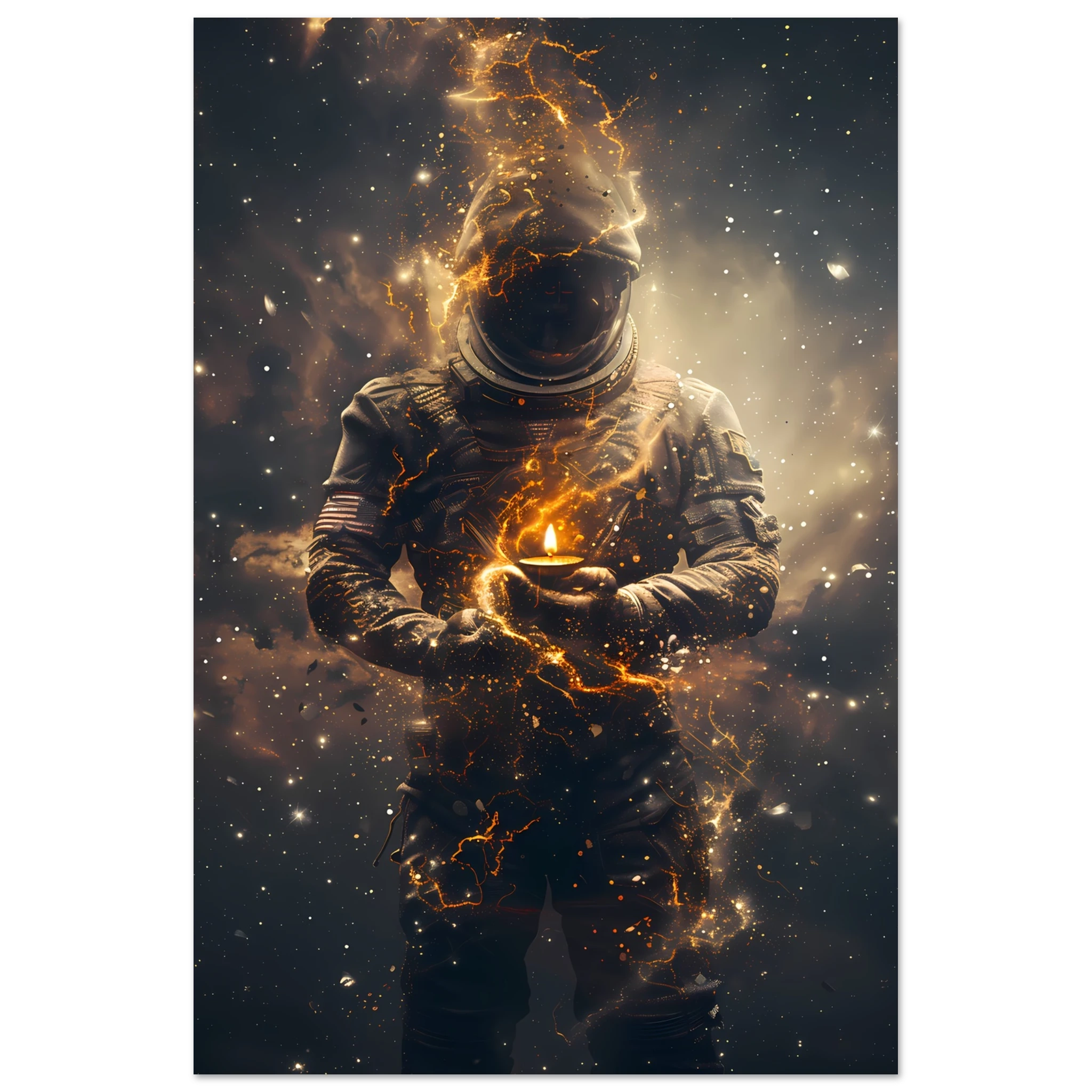 Astronaut floating with a glowing diya lamp against colourful nebula — serene cosmic print.