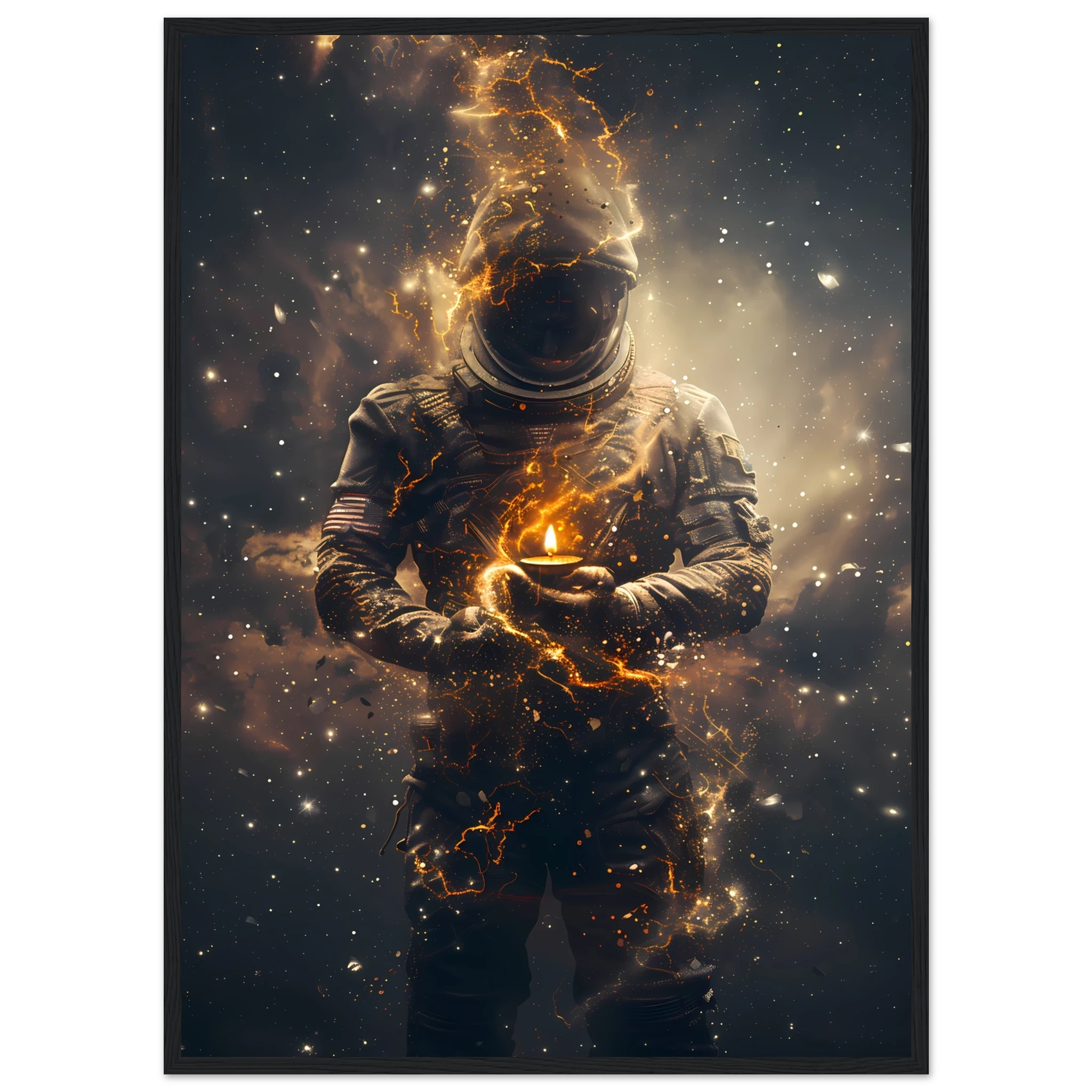 Astronaut floating with a glowing diya lamp against colourful nebula — serene cosmic print.