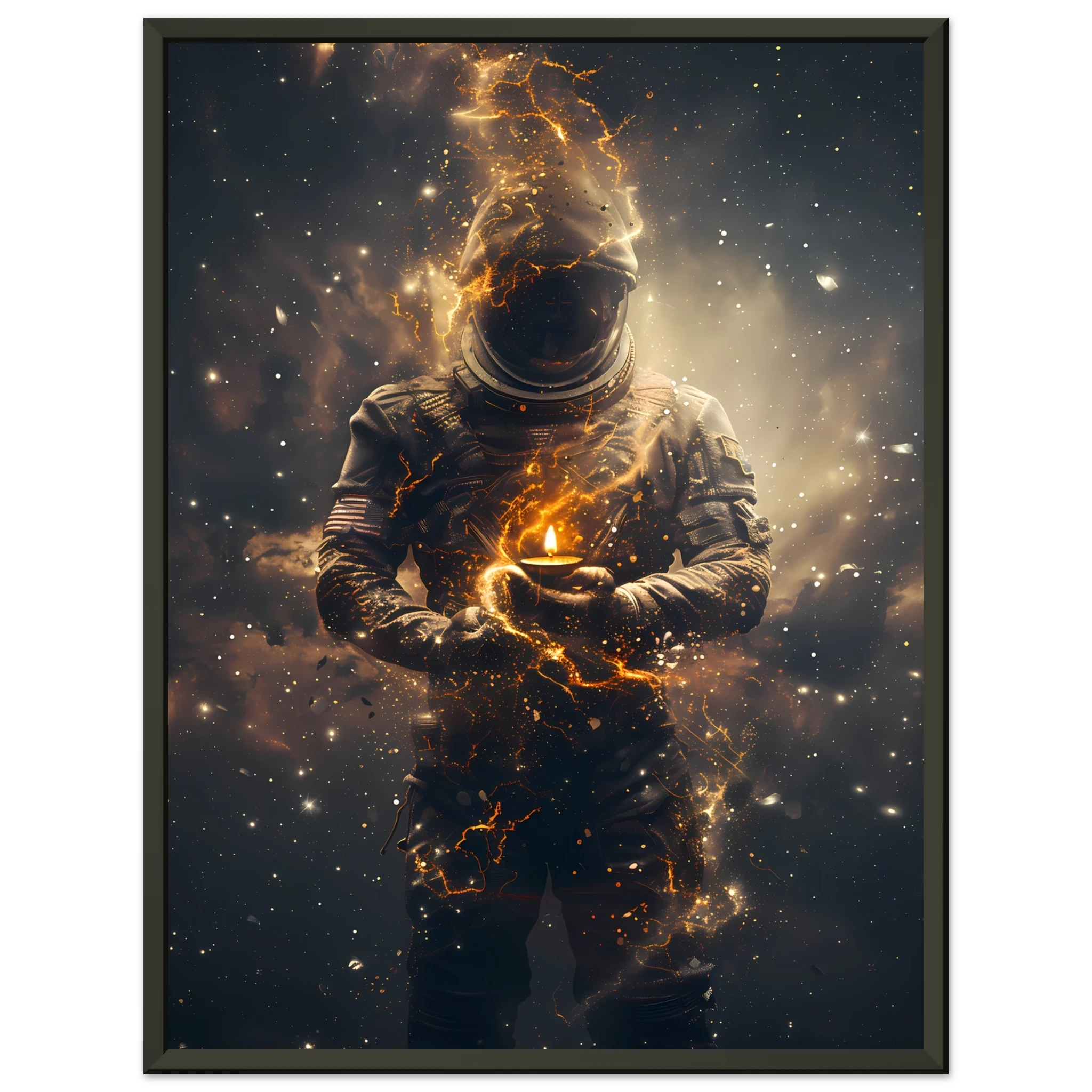 Astronaut floating with a glowing diya lamp against colourful nebula — serene cosmic print.