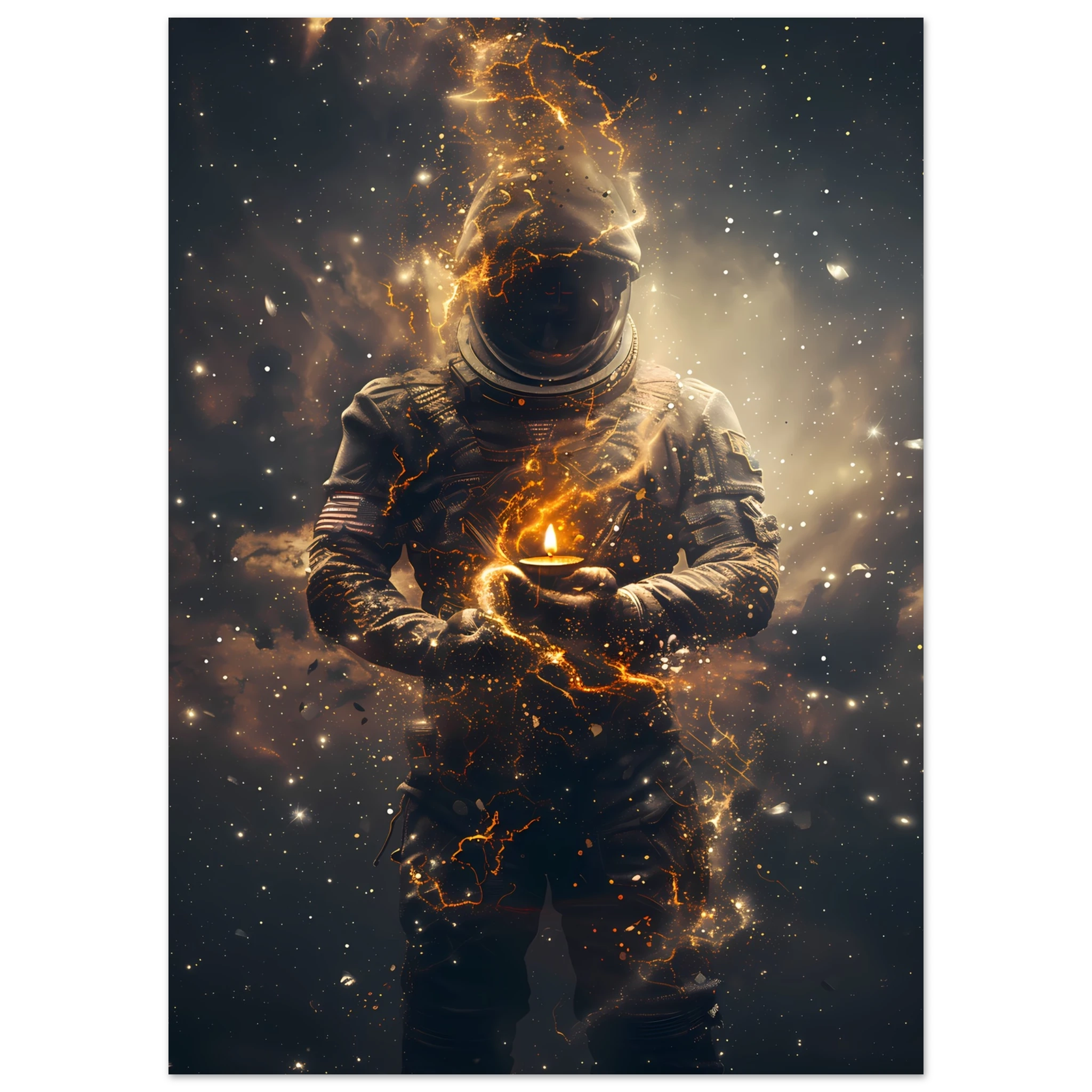 Astronaut floating with a glowing diya lamp against colourful nebula — serene cosmic print.