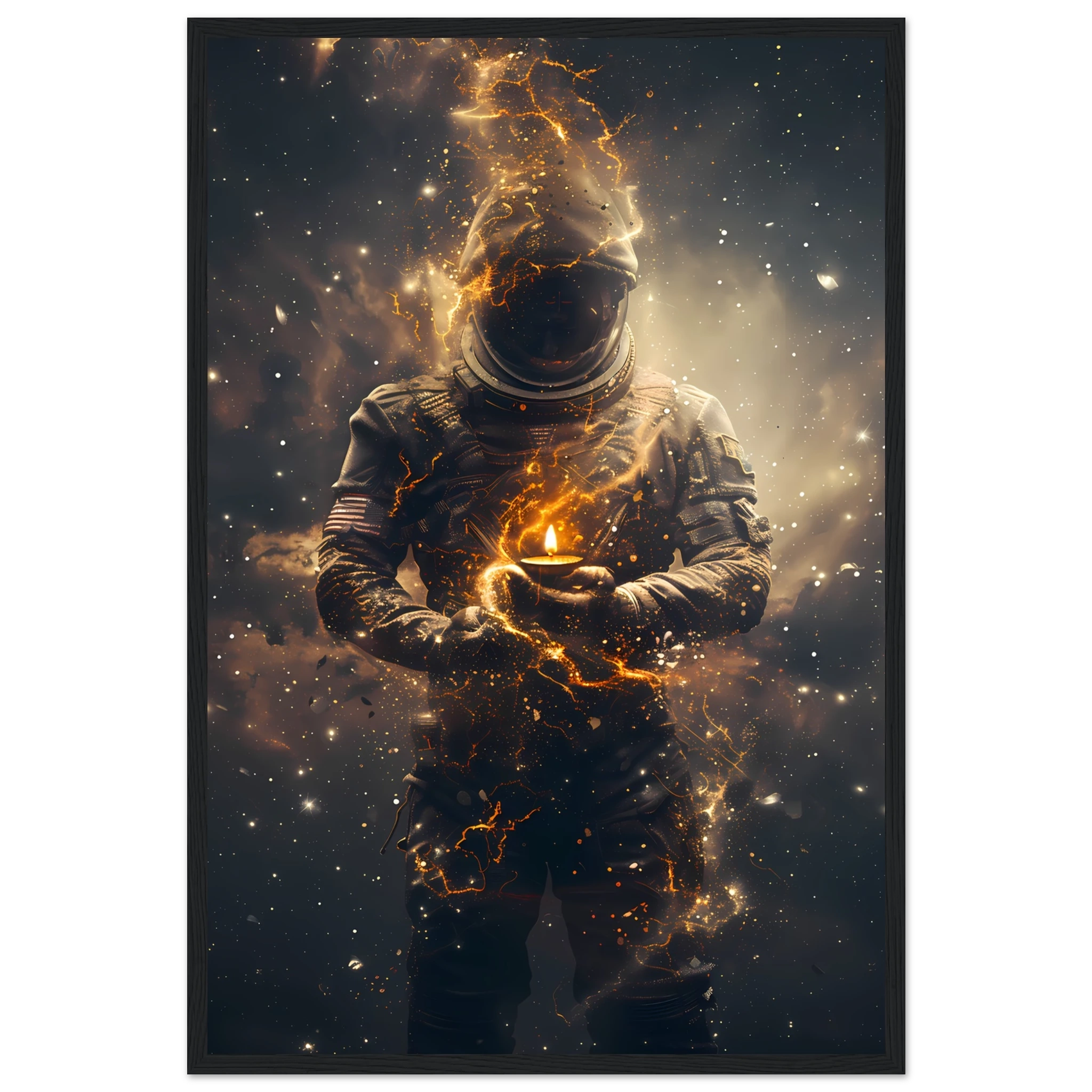 Astronaut floating with a glowing diya lamp against colourful nebula — serene cosmic print.