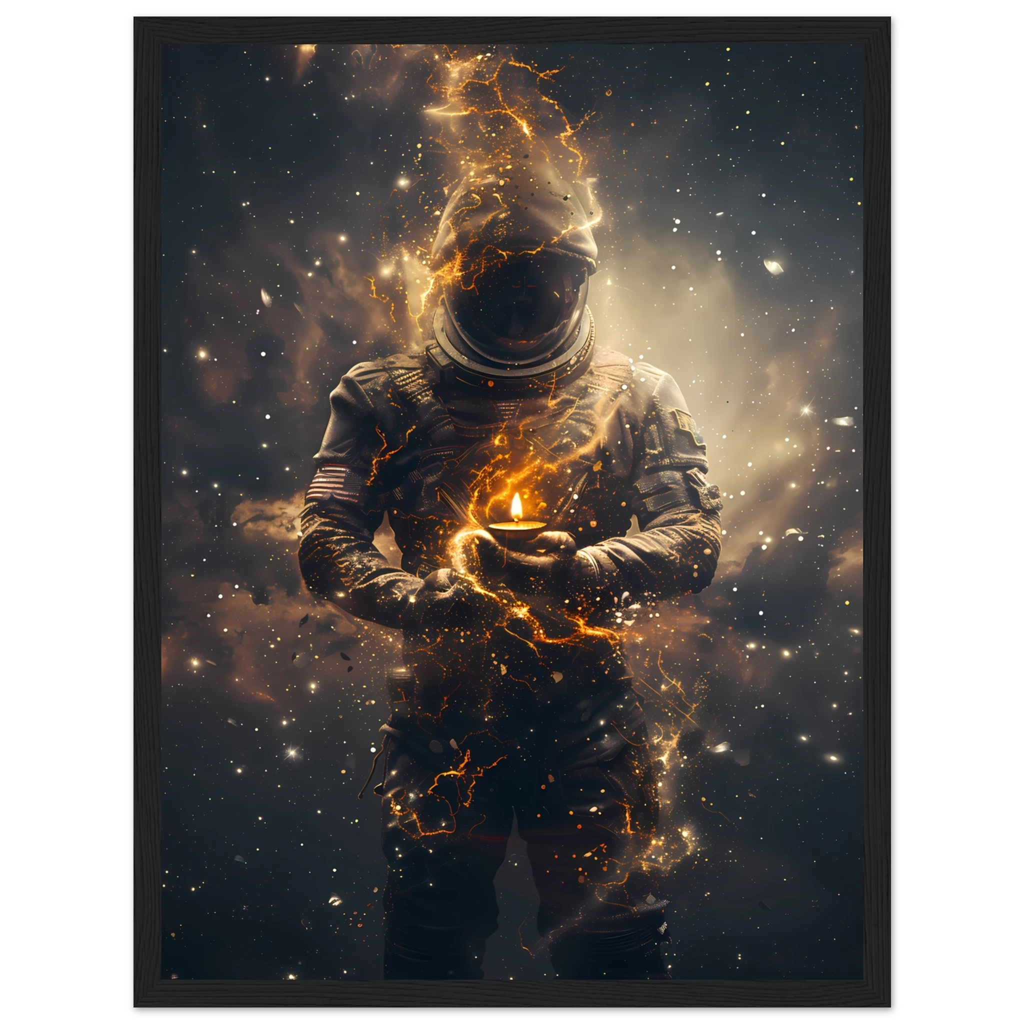 Astronaut floating with a glowing diya lamp against colourful nebula — serene cosmic print.