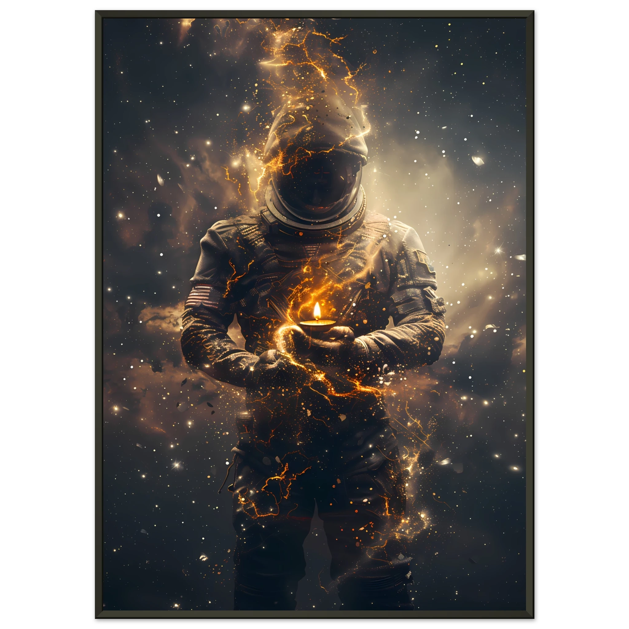 Astronaut floating with a glowing diya lamp against colourful nebula — serene cosmic print.