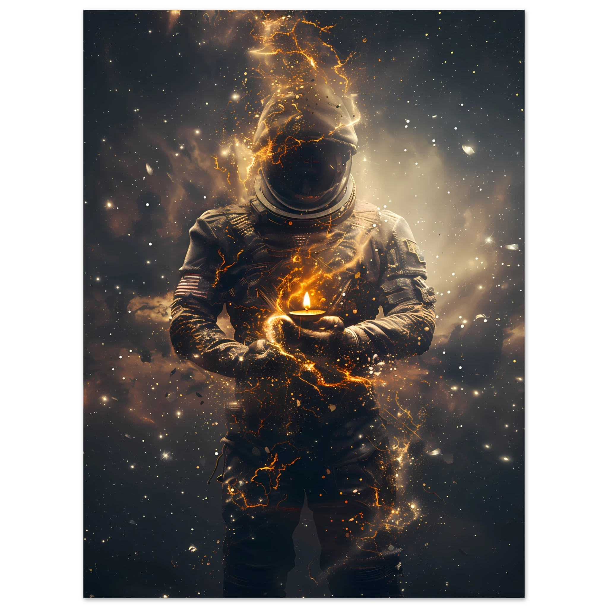 Astronaut floating with a glowing diya lamp against colourful nebula — serene cosmic print.