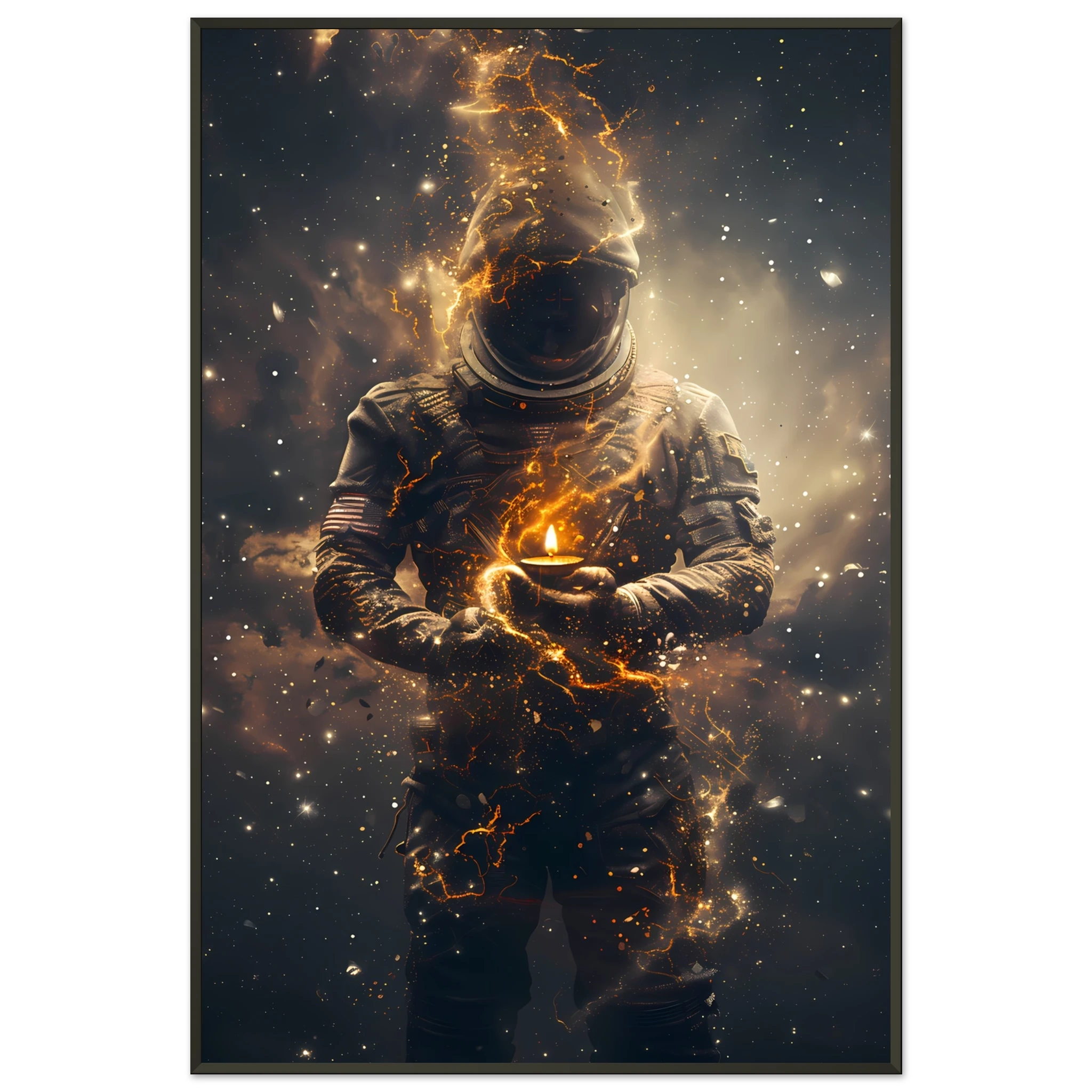 Astronaut floating with a glowing diya lamp against colourful nebula — serene cosmic print.