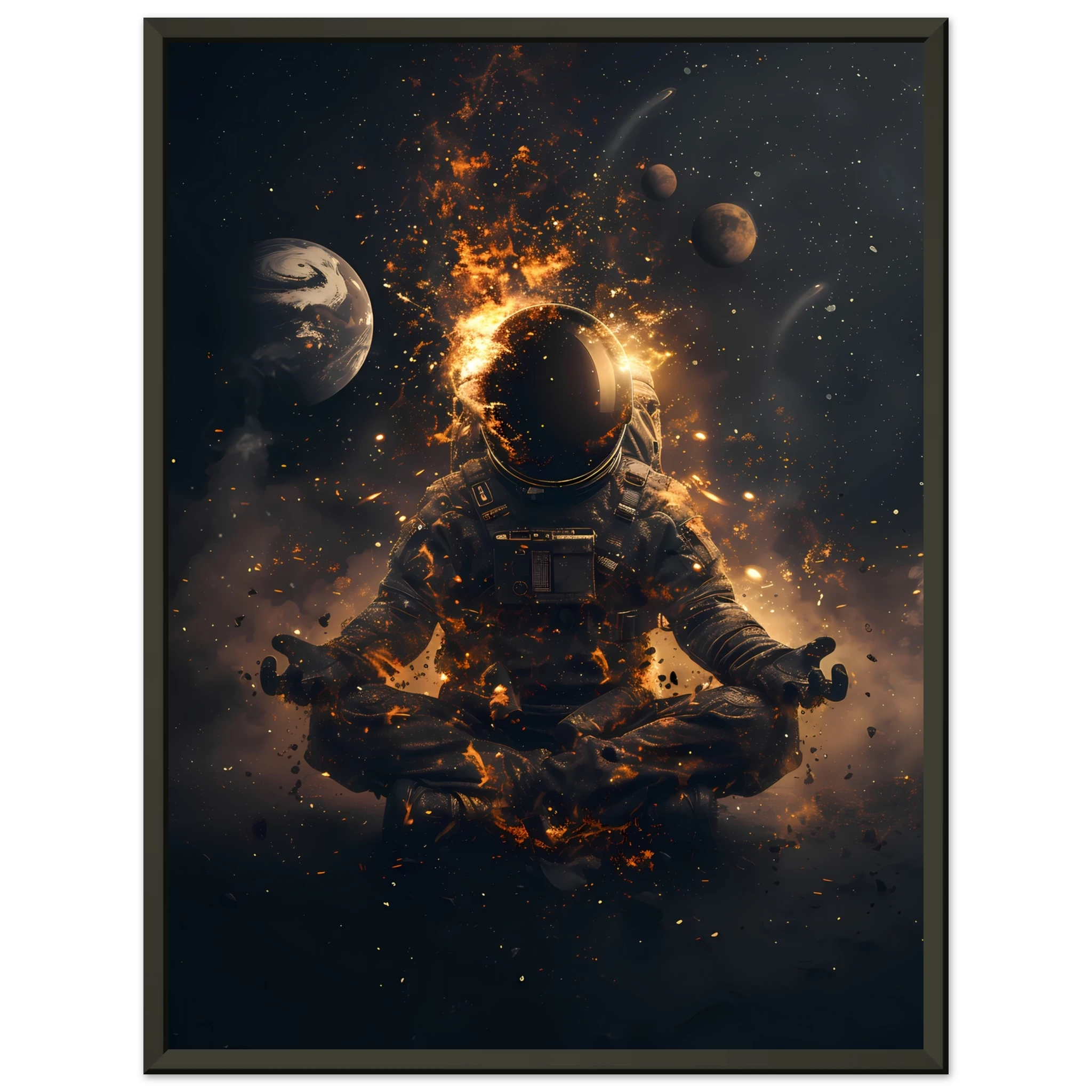 Meditating astronaut above a radiant mandala with galaxies and planets — premium cosmic zen wall print for modern UK interiors.