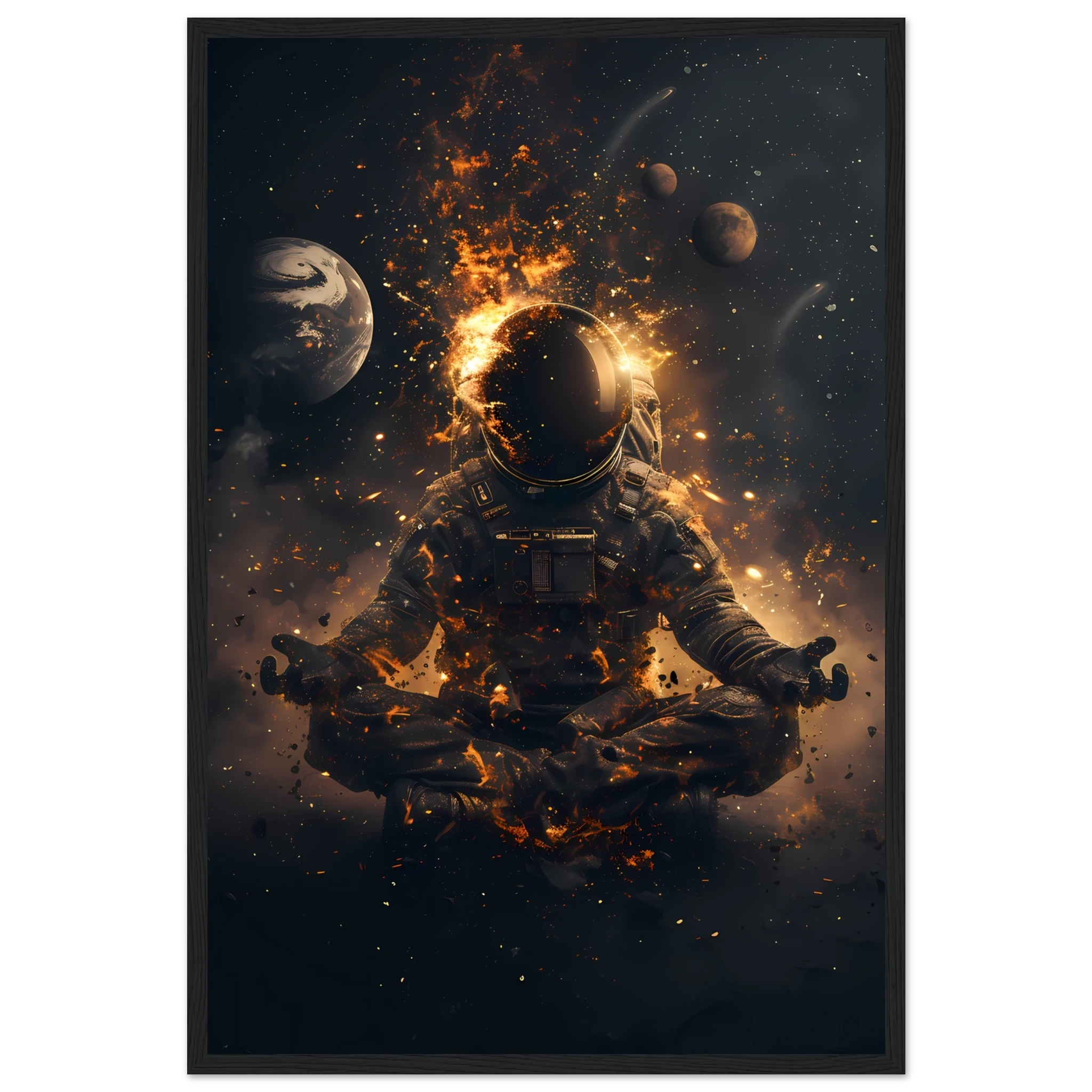 Meditating astronaut above a radiant mandala with galaxies and planets — premium cosmic zen wall print for modern UK interiors.