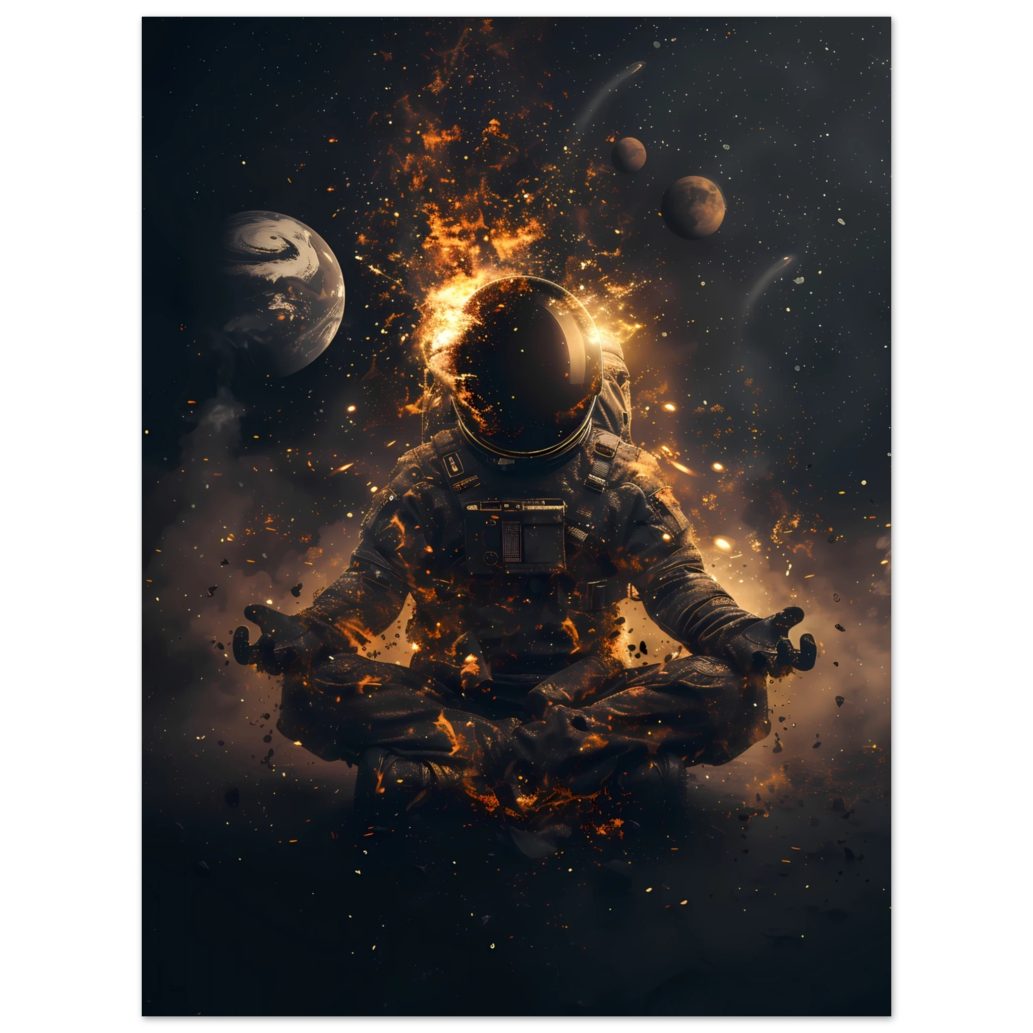 Meditating astronaut above a radiant mandala with galaxies and planets — premium cosmic zen wall print for modern UK interiors.